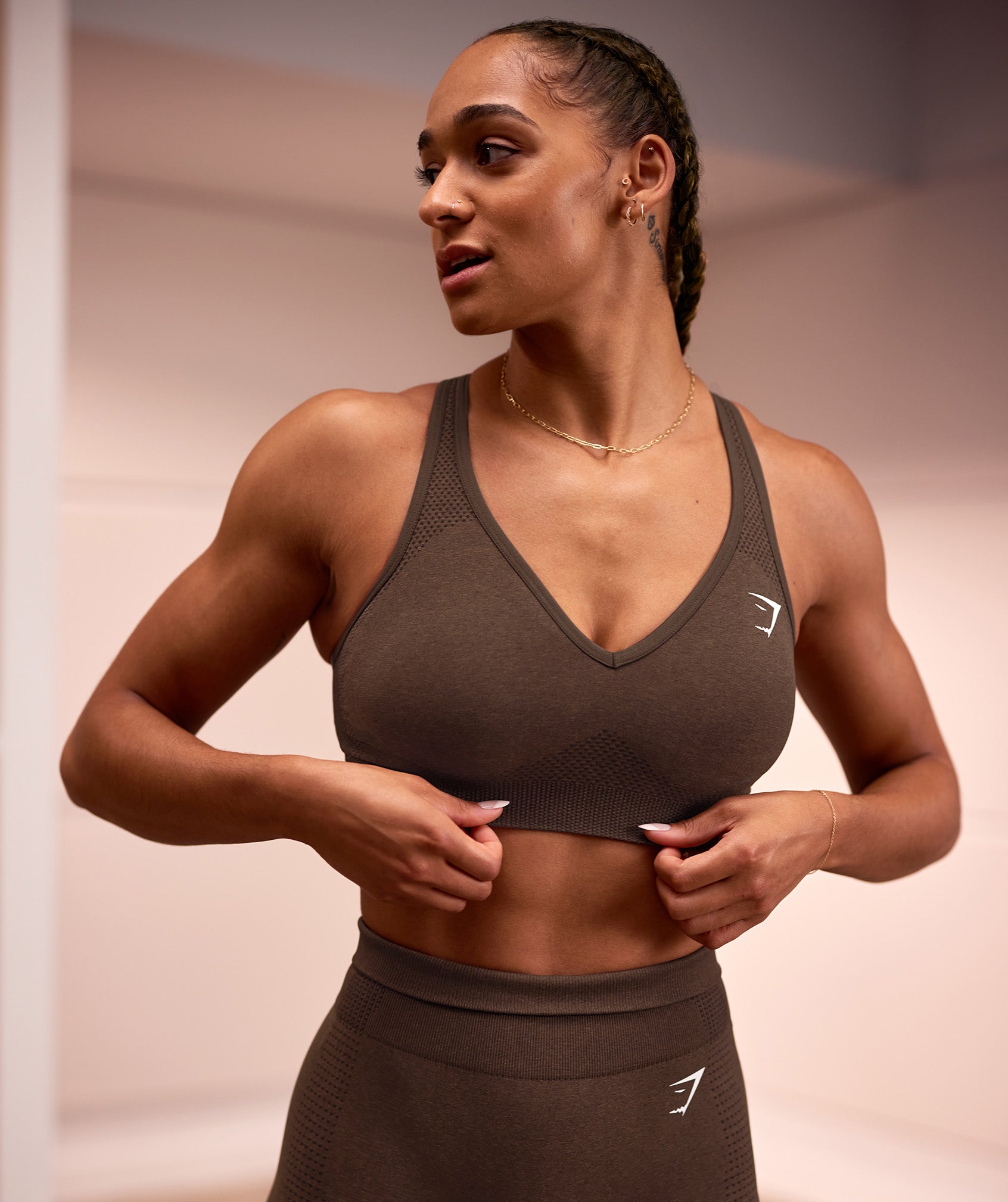 Women's Gymshark Vital V Neck Sports Bra Espresso Marl