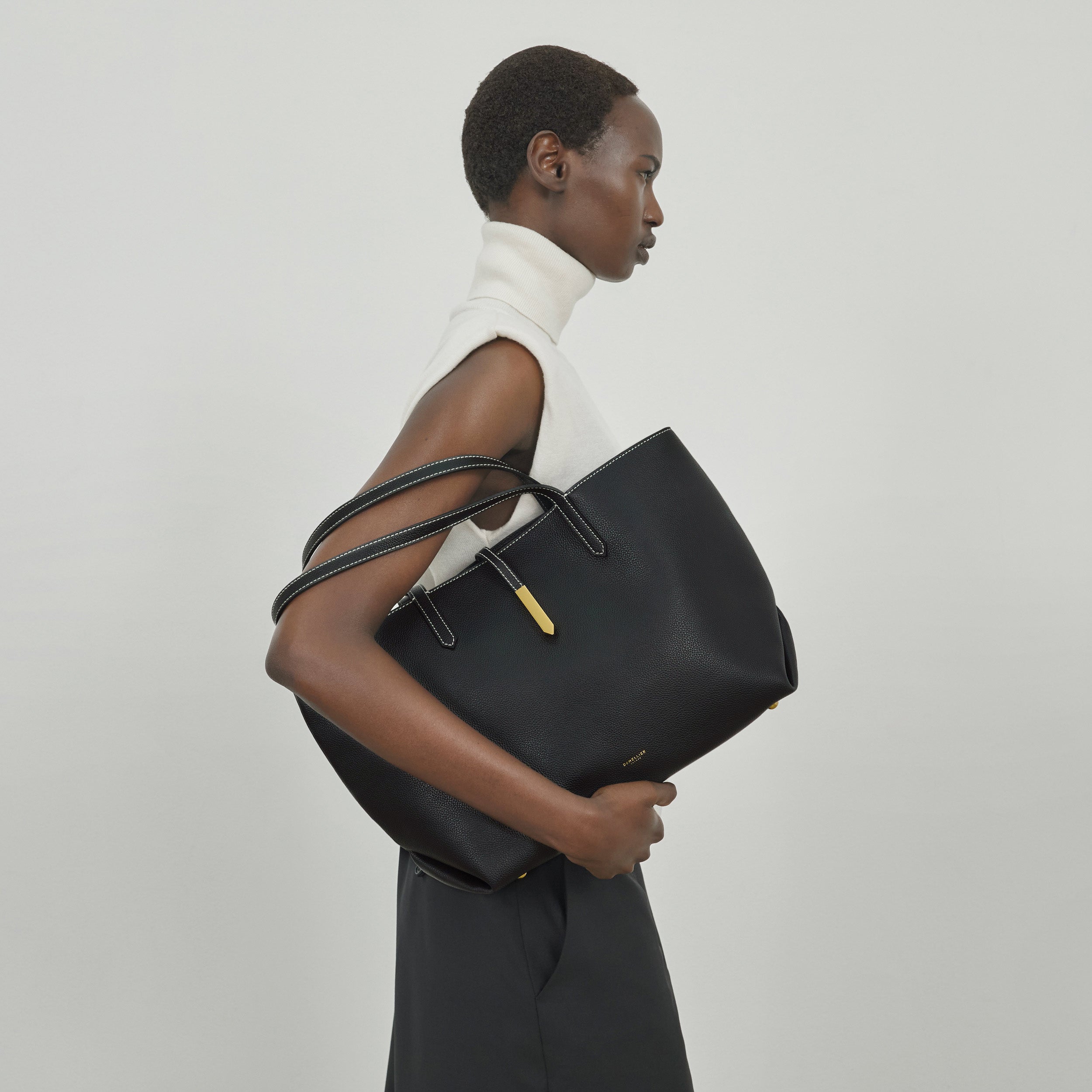 DeMellier The Tokyo Tote black small grain ecru stitching