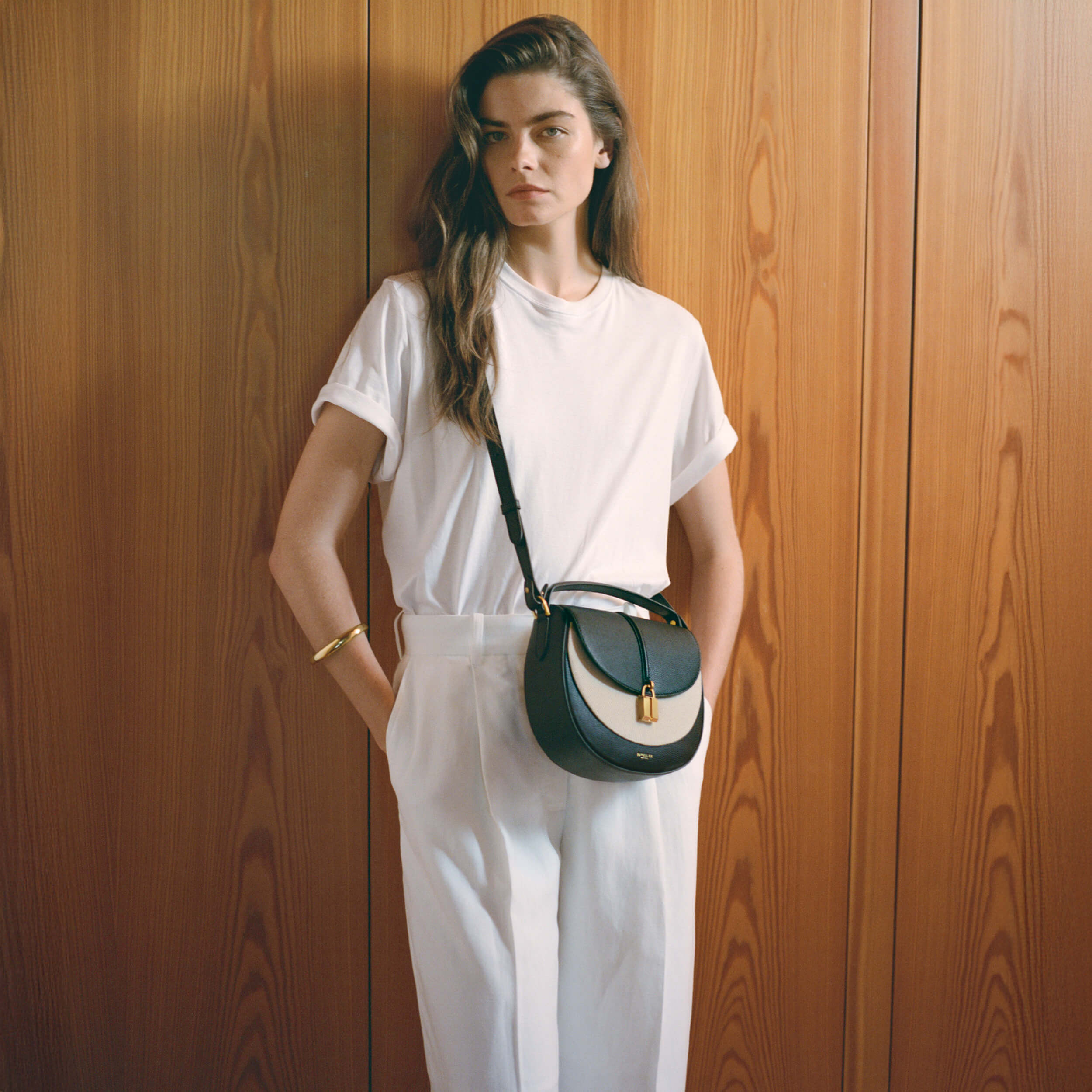 DeMellier The Siena Saddle salt & pepper canvas black small grain