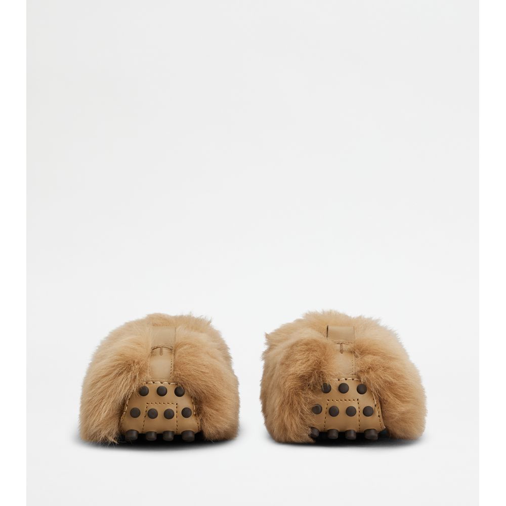 Tods Gommino Loafers In Fur Beige Womens