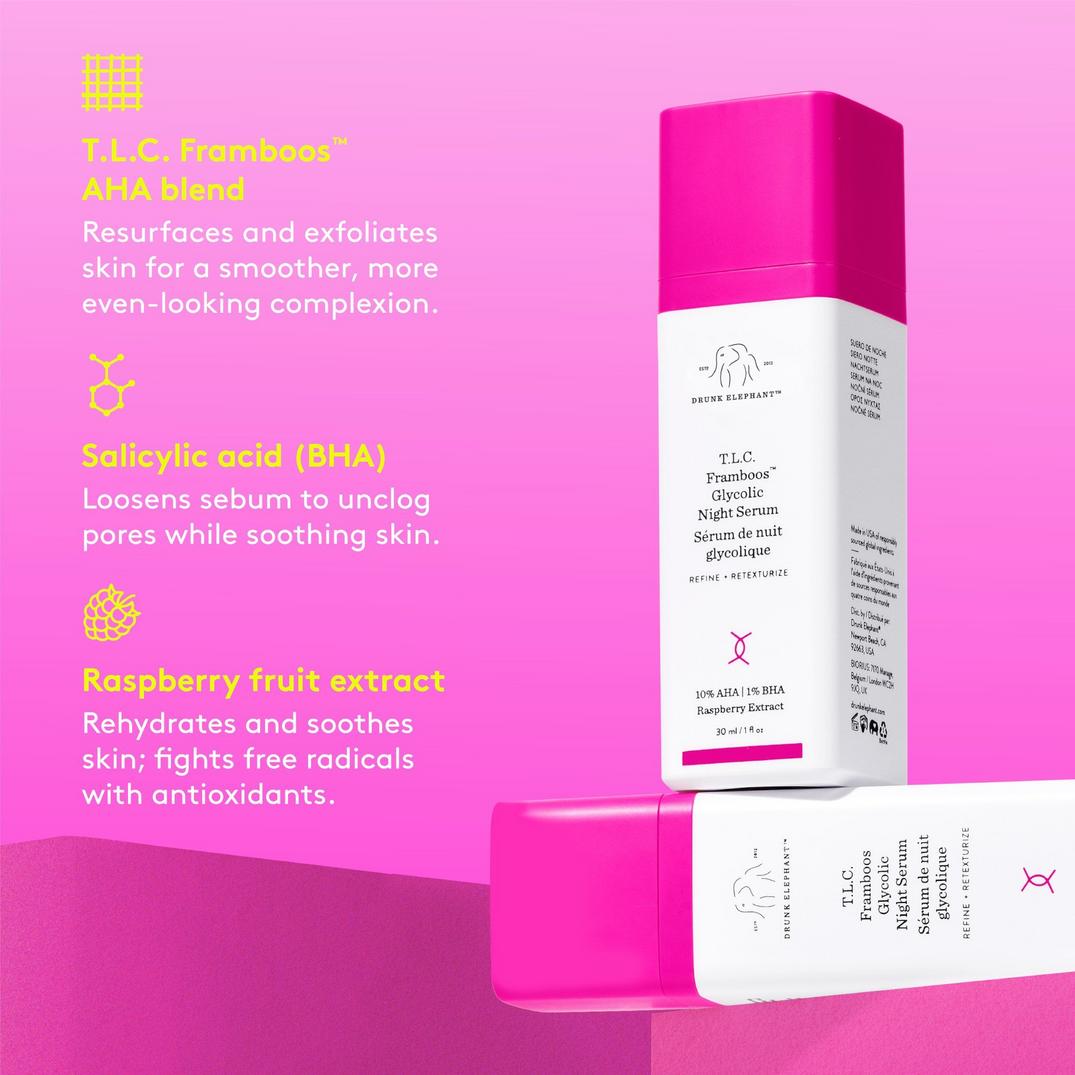 Drunk Elephant T.L.C. Framboos Glycolic Resurfacing Night Serum, in use