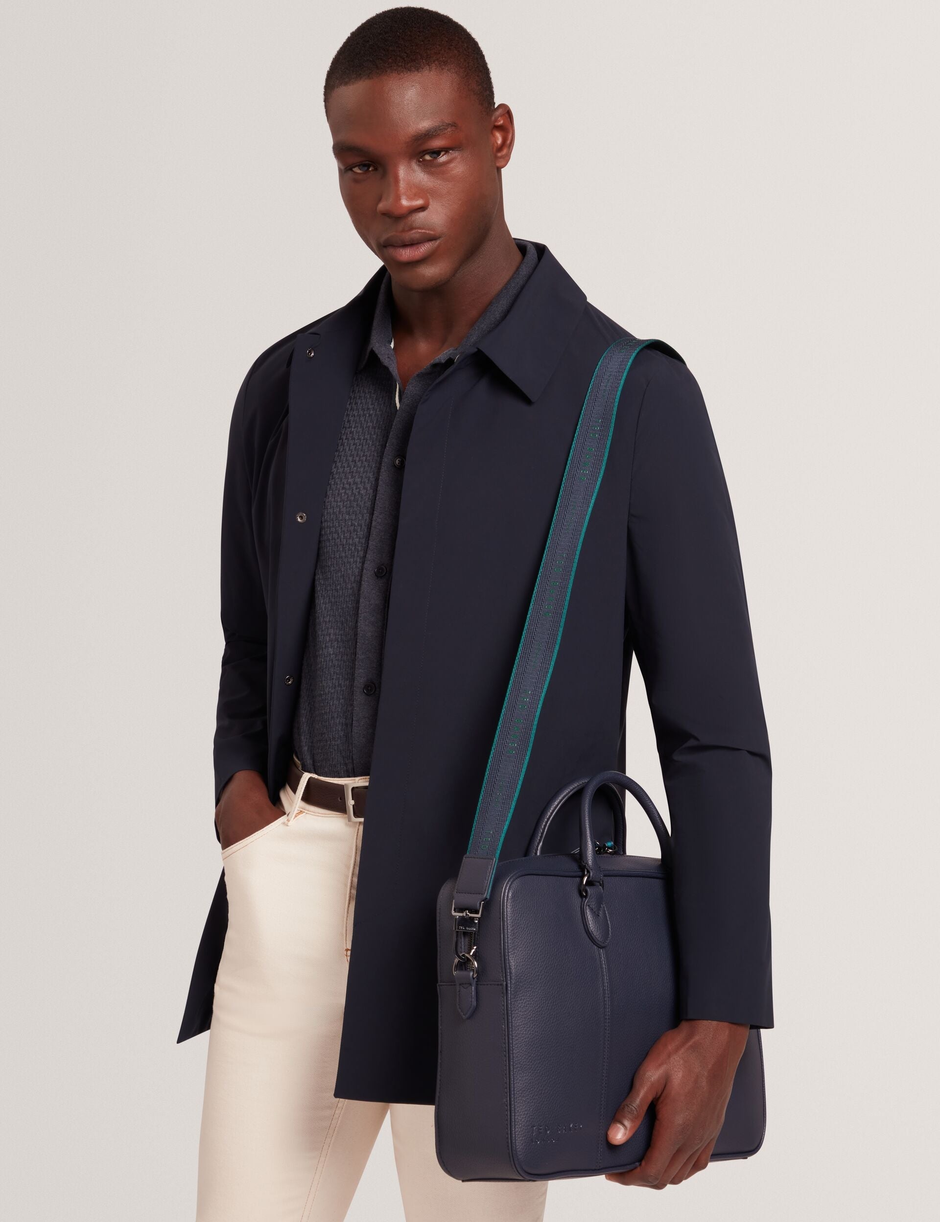 Ted Baker Kaden Navy Pu Leather Branded Webbing Laptop Bag