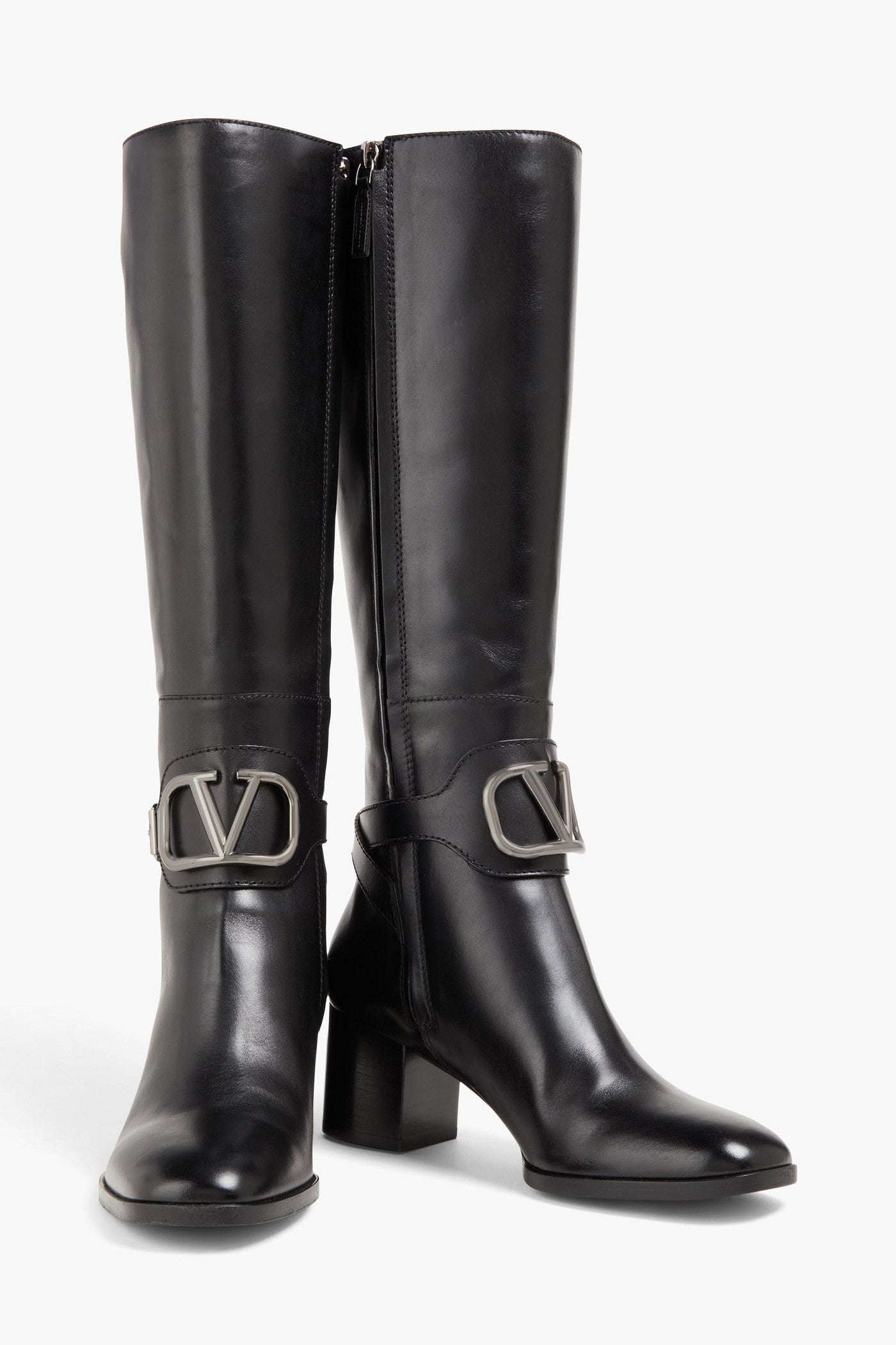 Valentino Garavani Vlogo Leather Knee Boots Black Women's