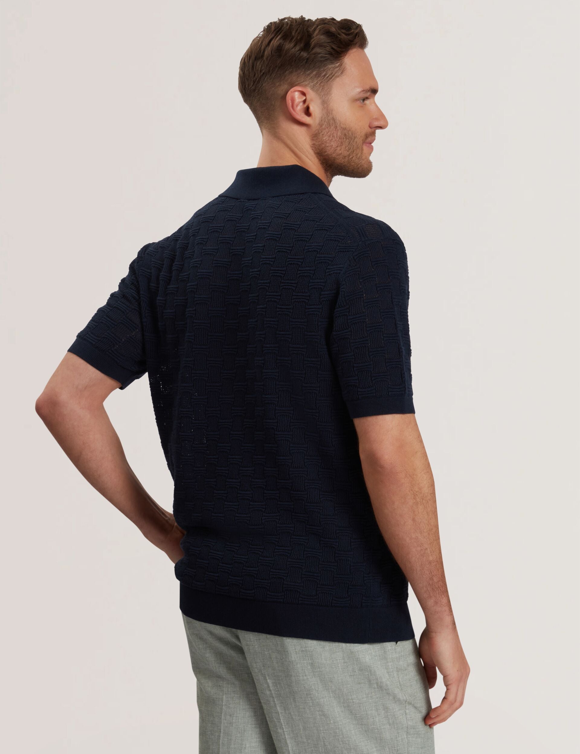 Ted Baker Waterby Navy Textured Knit Silk Cotton Polo Shirt