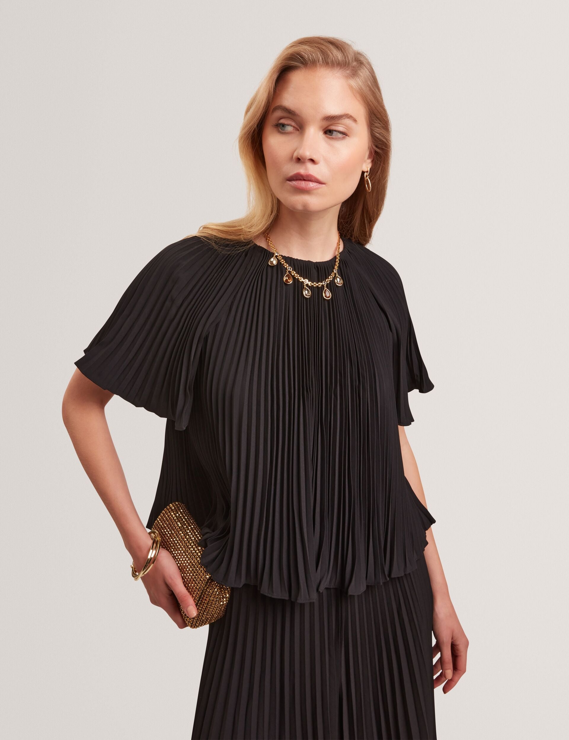 Ted Baker Agara Black Pleated Flowy Short Sleeve Blouse Women's