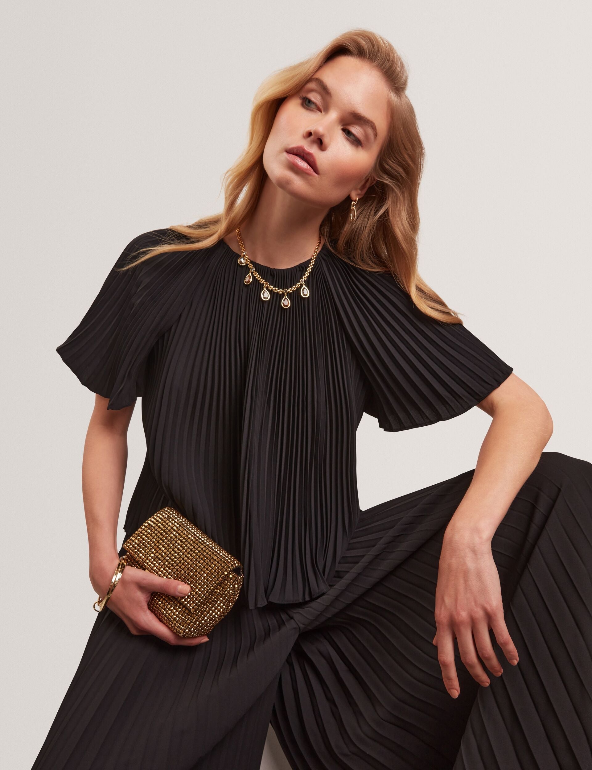 Ted Baker Agara Black Pleated Flowy Short Sleeve Blouse Women's