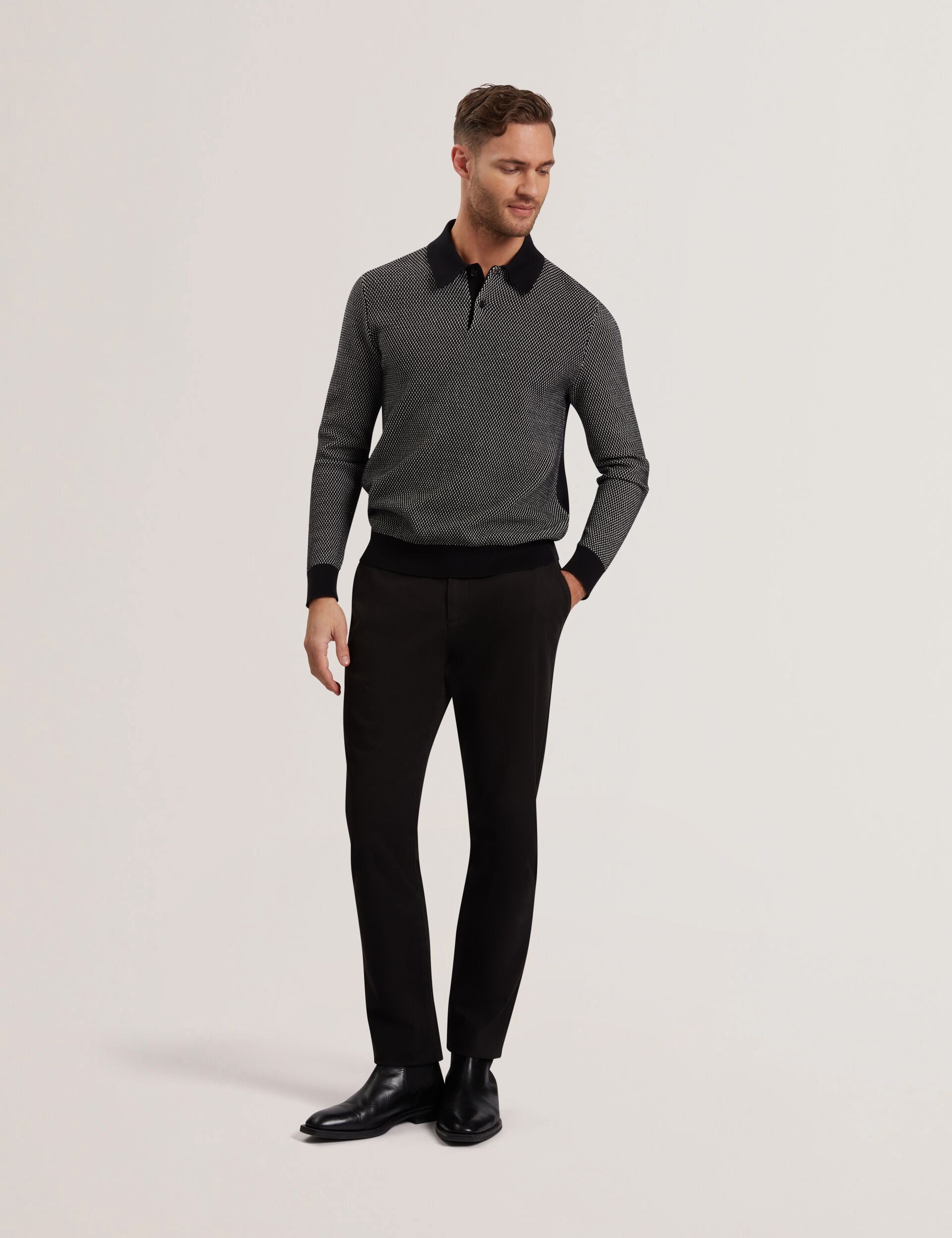Ted Baker Ardo Textured Front Knitted Long Sleeve Polo Shirt