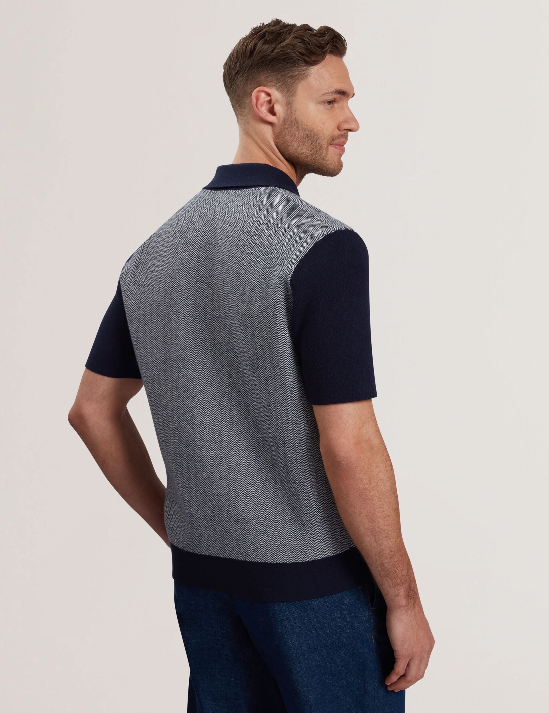 Ted Baker Padrig Navy Herringbone Knit Colour Block Shirt