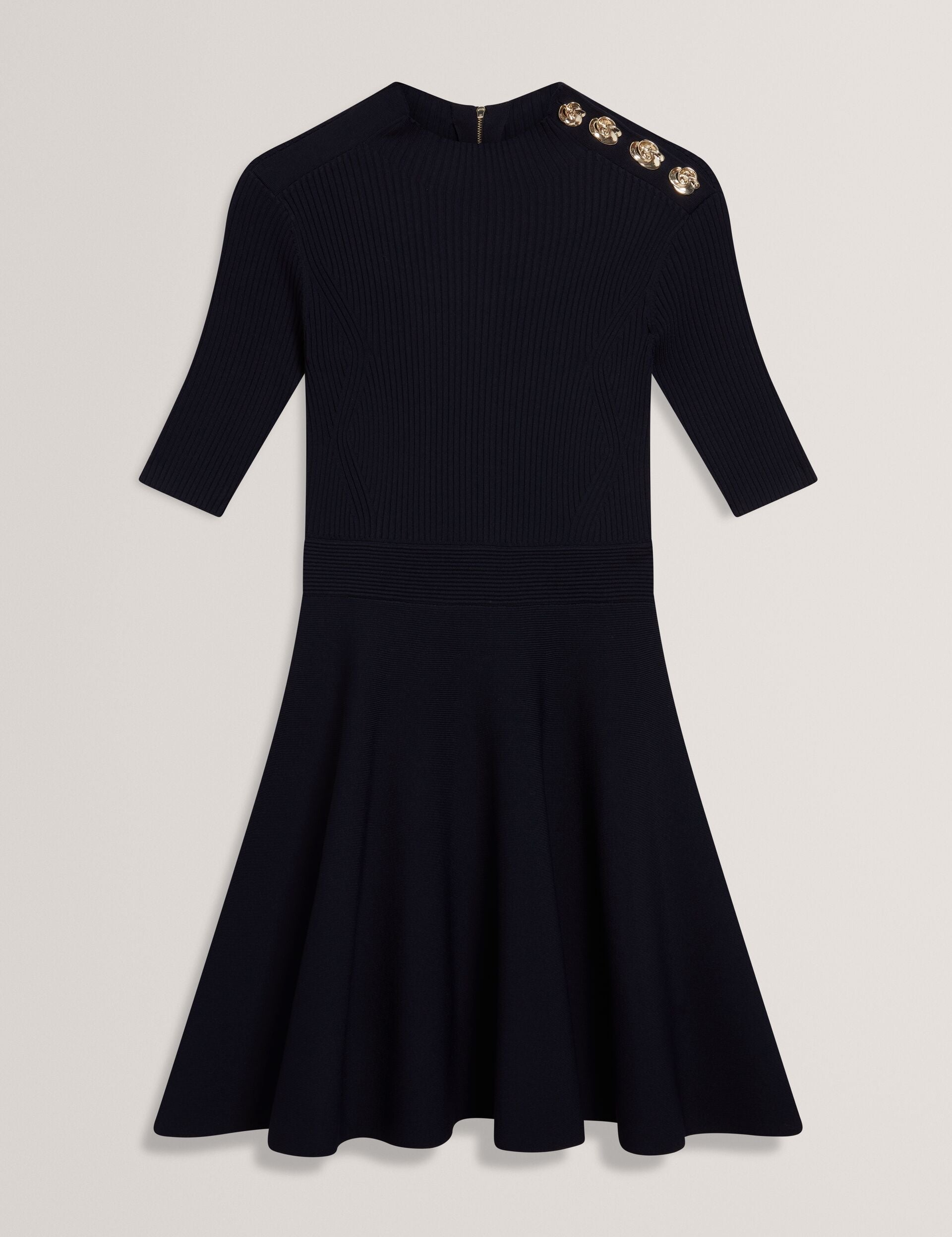 Ted Baker Lilano Ribbed Skater Dress With Rose Buttons In Navy Women's