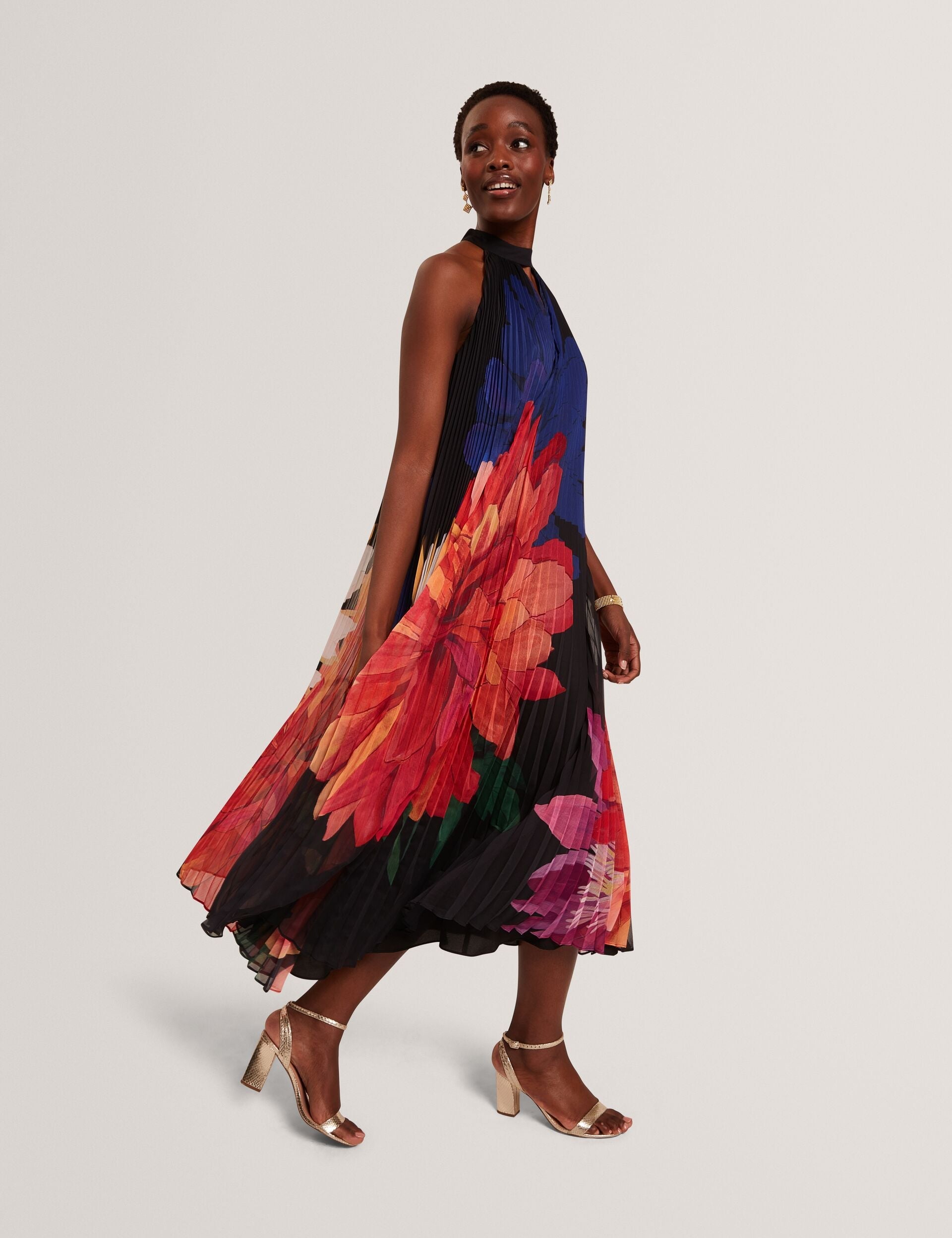 Ted Baker Scotlia Bold Bloom Pleated Halter Neck Midi Dress Women's