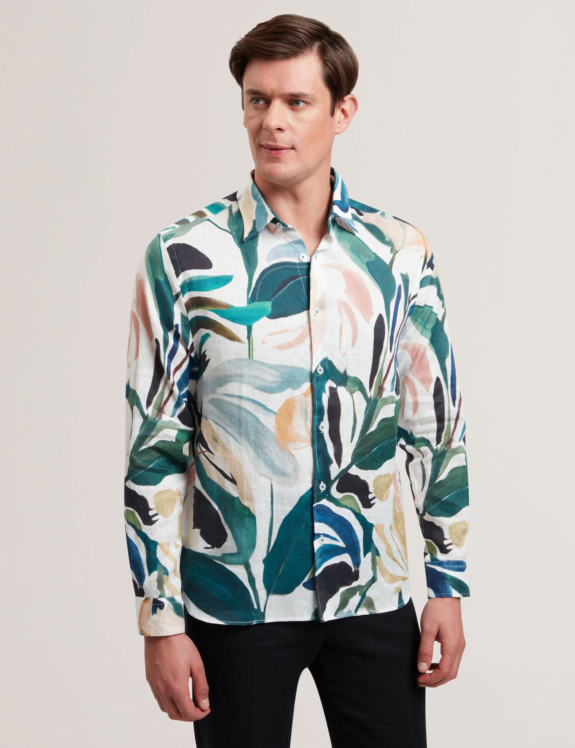 Ted Baker Rogersy Printed Long Sleeve Relaxed Linen Shirt