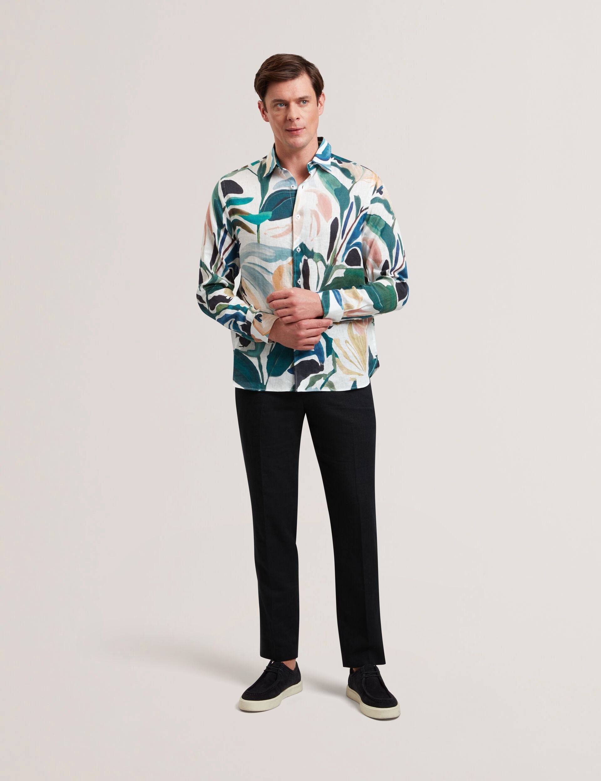 Ted Baker Rogersy Printed Long Sleeve Relaxed Linen Shirt
