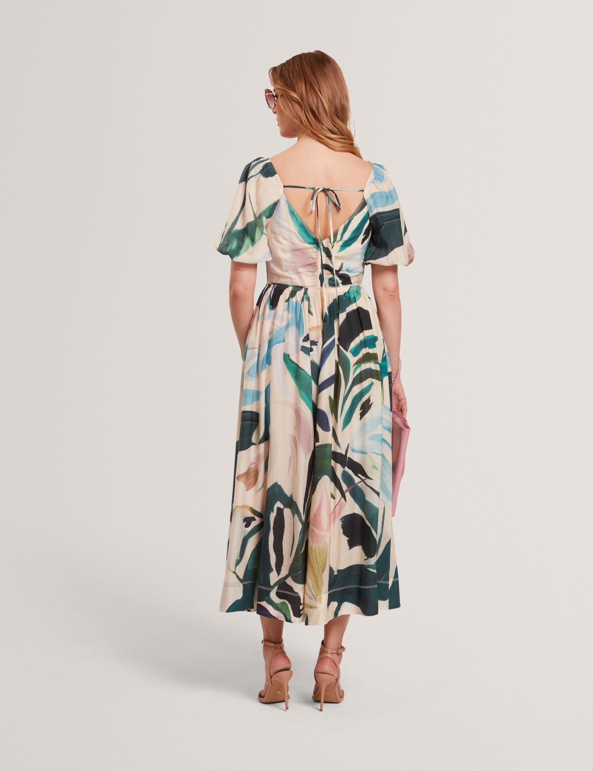 Ted Baker Moyla Printed Puff Sleeve Stitch Detail Midi Dress Women's