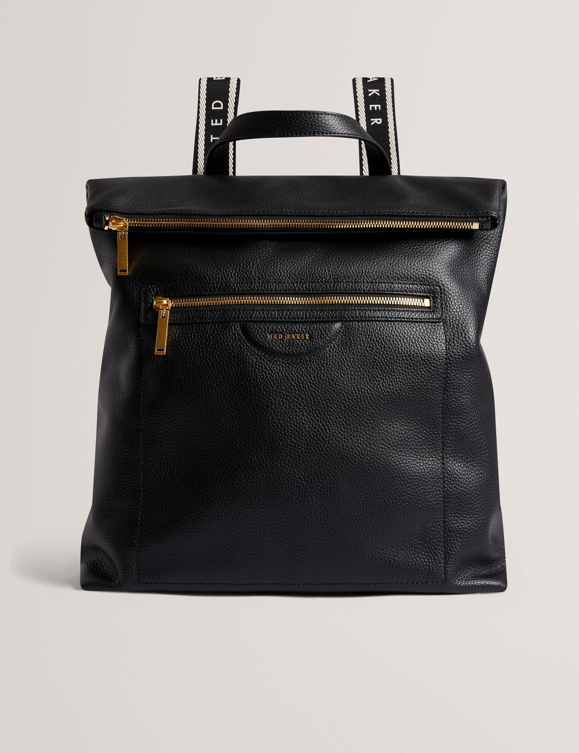 Ted Baker Essaya Webbing Strap Black Leather Fold Over Backpack Women's