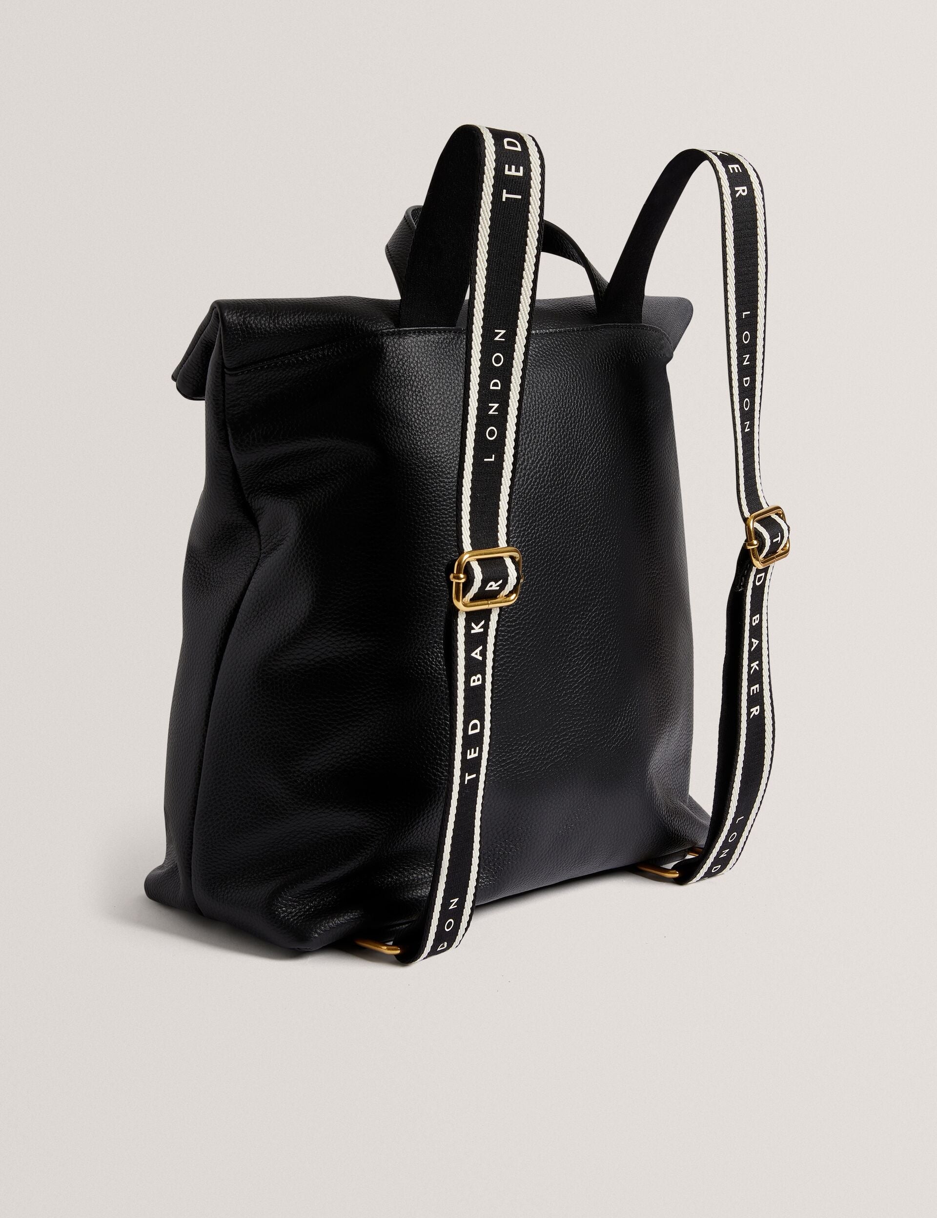 Ted Baker Essaya Webbing Strap Black Leather Fold Over Backpack Women's