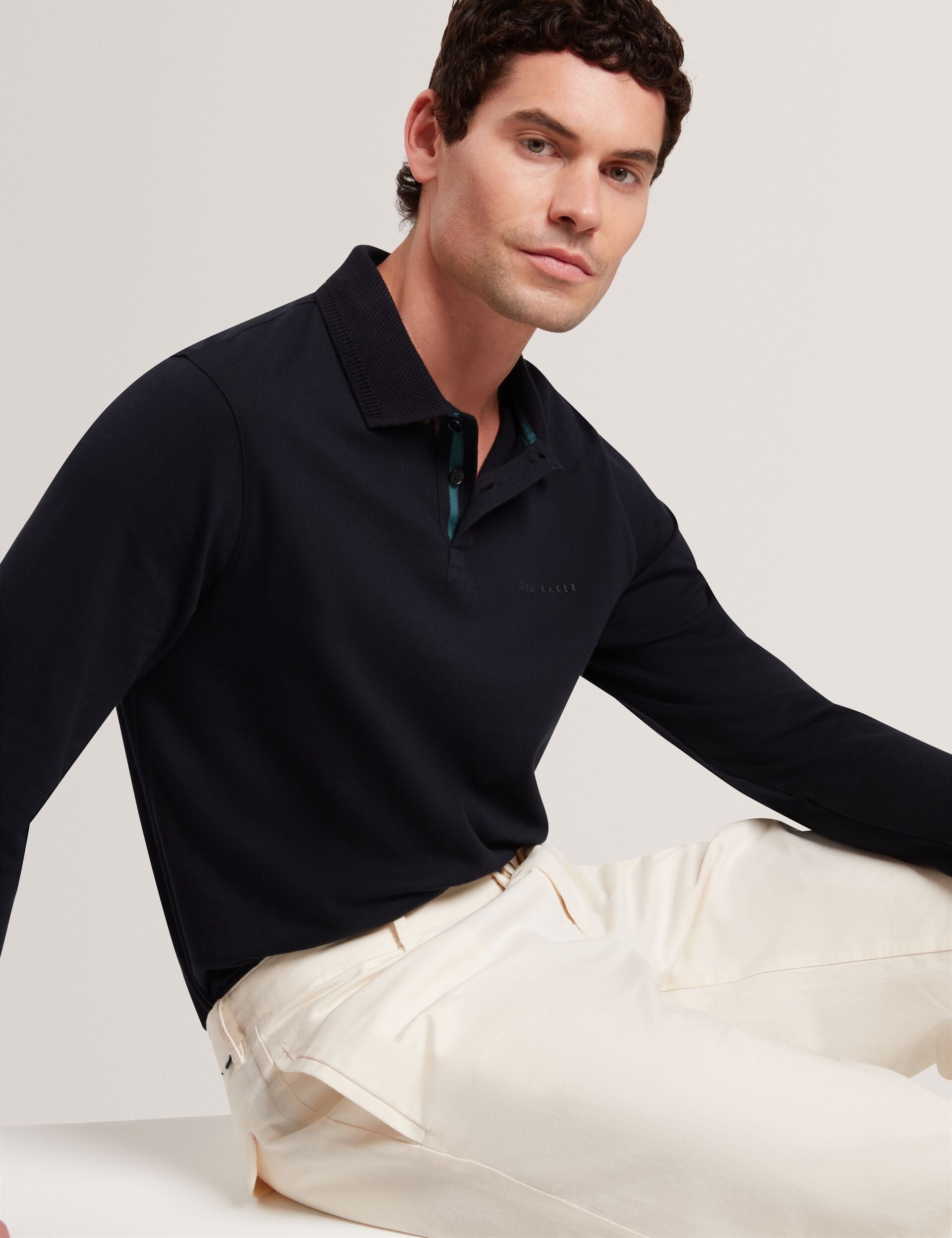 Ted Baker Woan Honeycomb Trim Pique Long Sleeve Polo