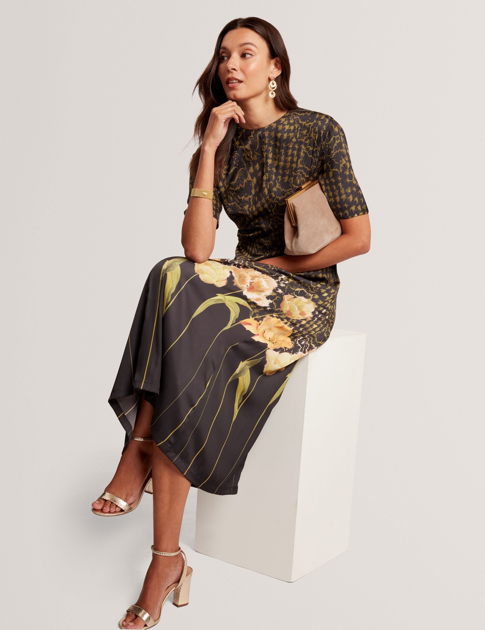 Ted Baker Aevaa Floral Check Gathered Waist Midi Waist Women's