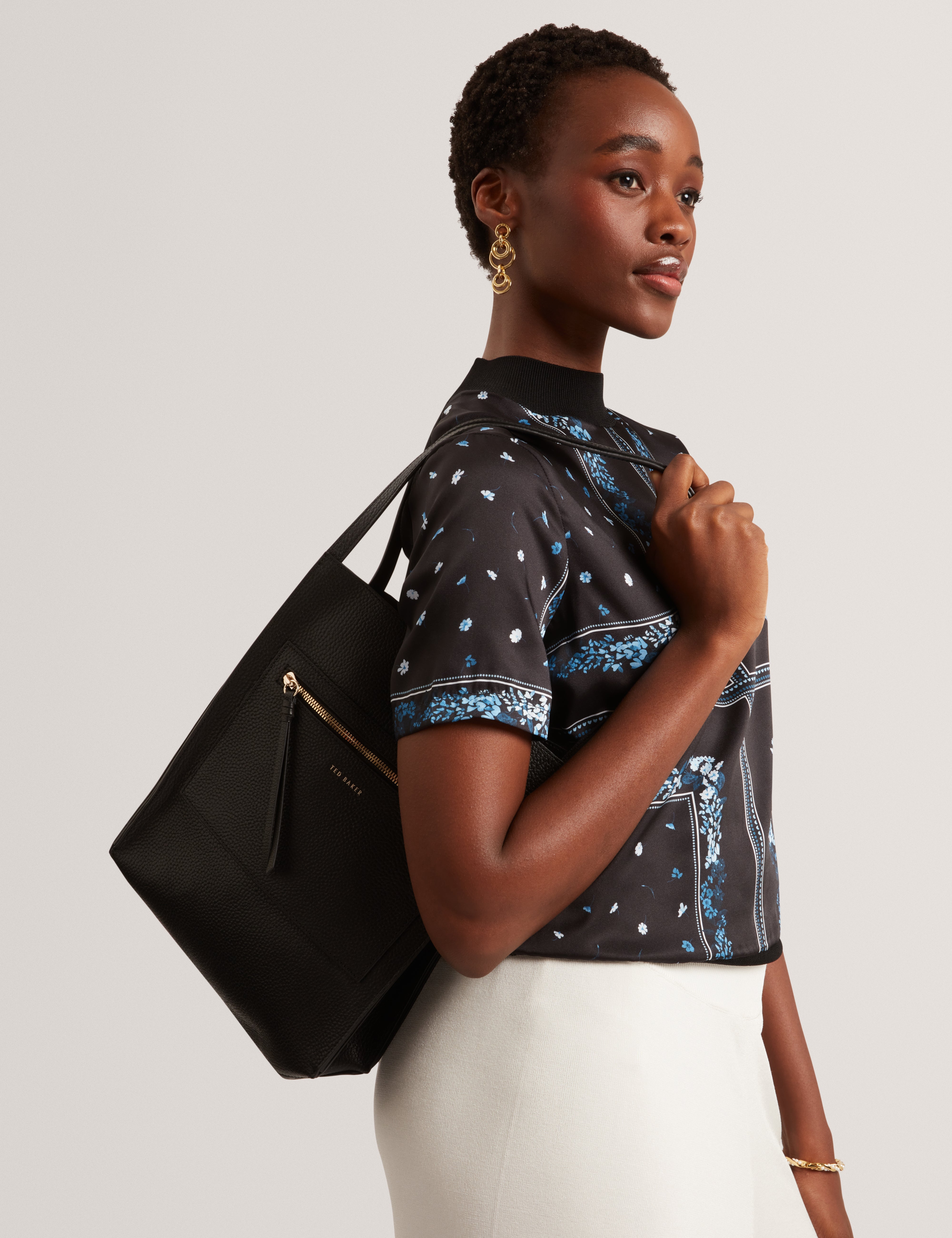 Ted Baker Taala Soft Leather Zip Pocket Boxy Tote Bag In Black Women's