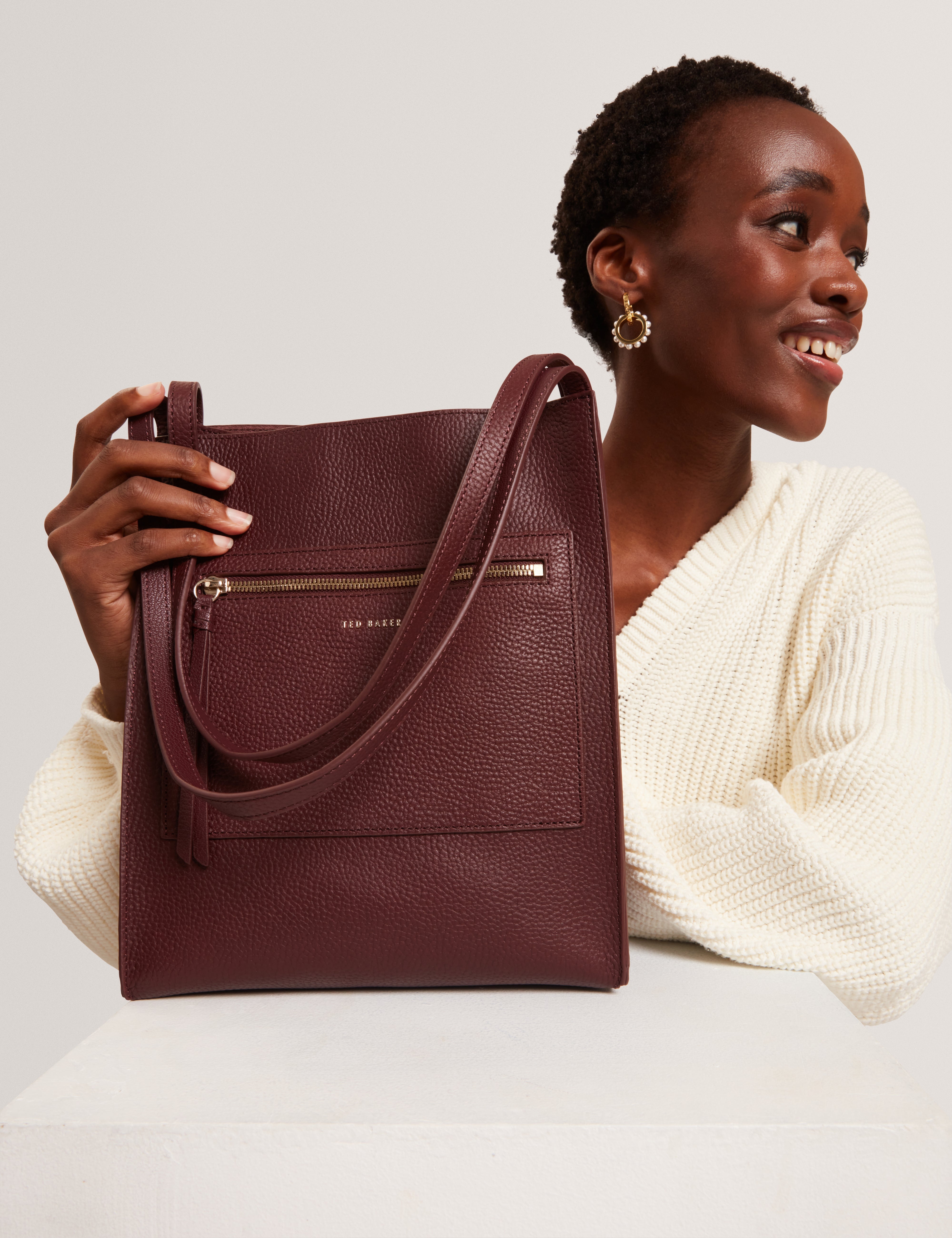 Ted Baker Taala Soft Leather Zip Pocket Boxy Tote Bag In Oxblood Women's
