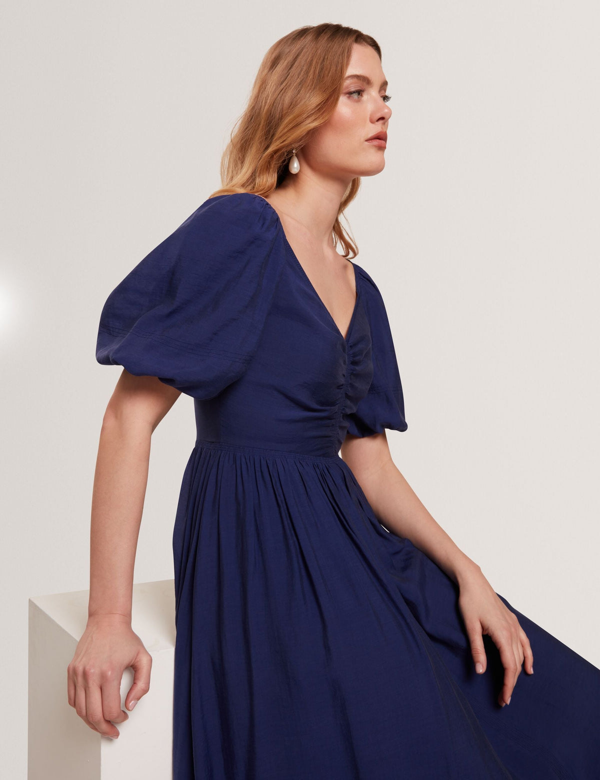 Ted Baker Orlaah Puff Sleeve Ruched Detail V Neck Midi Dress Women's
