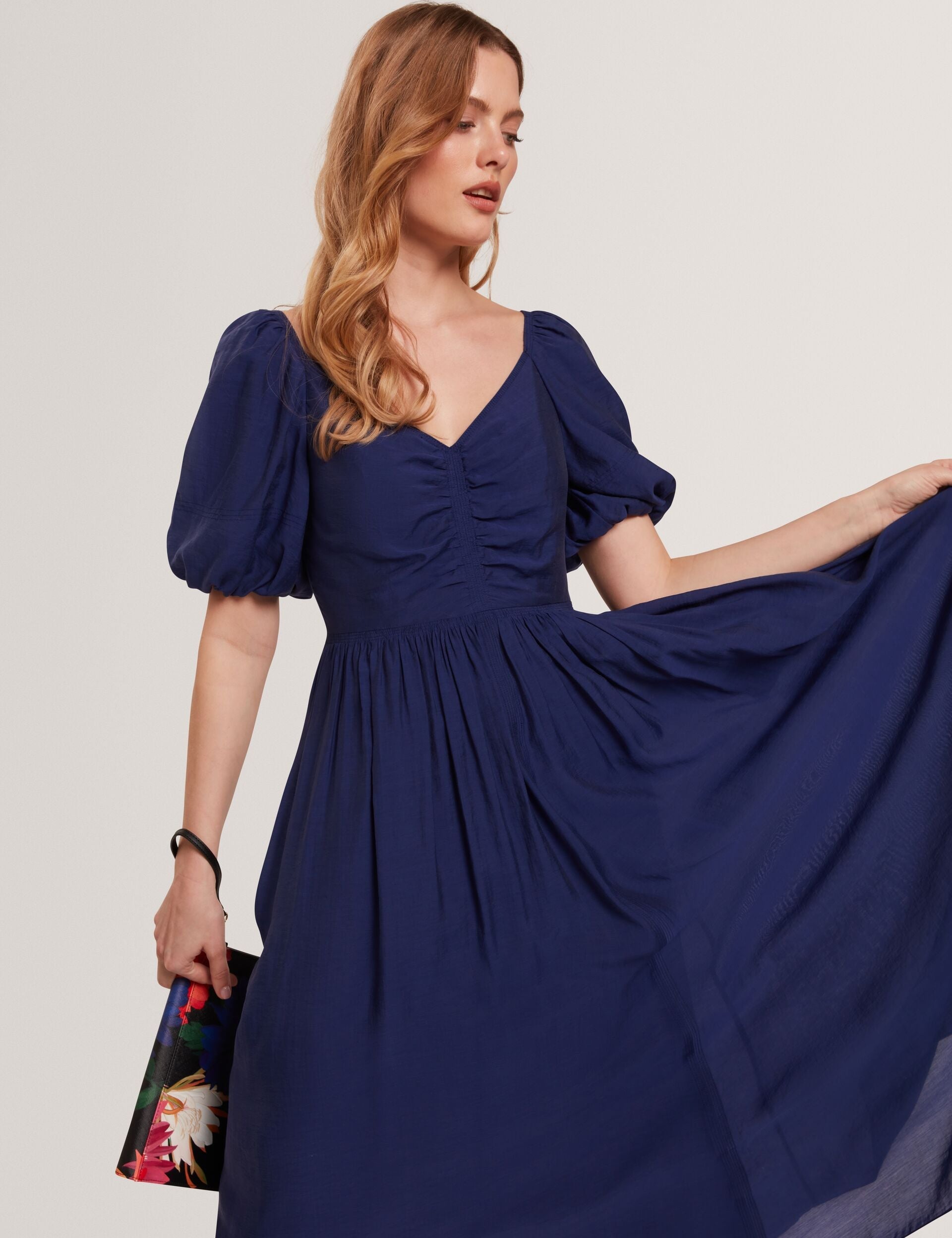 Ted Baker Orlaah Puff Sleeve Ruched Detail V Neck Midi Dress Women's