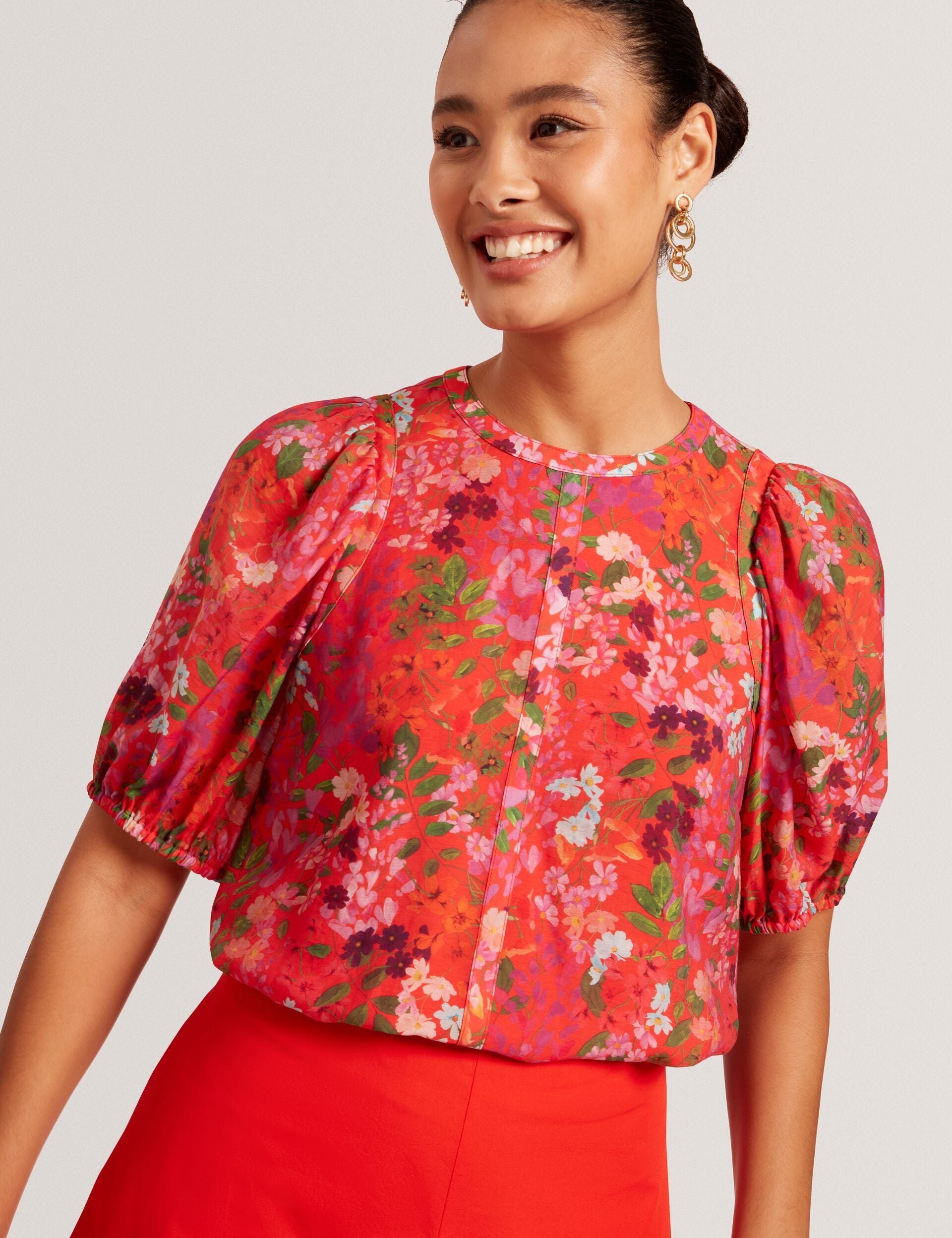 Ted Baker Hahtie Blossom Print Puff Sleeve Woven Blouse Women's