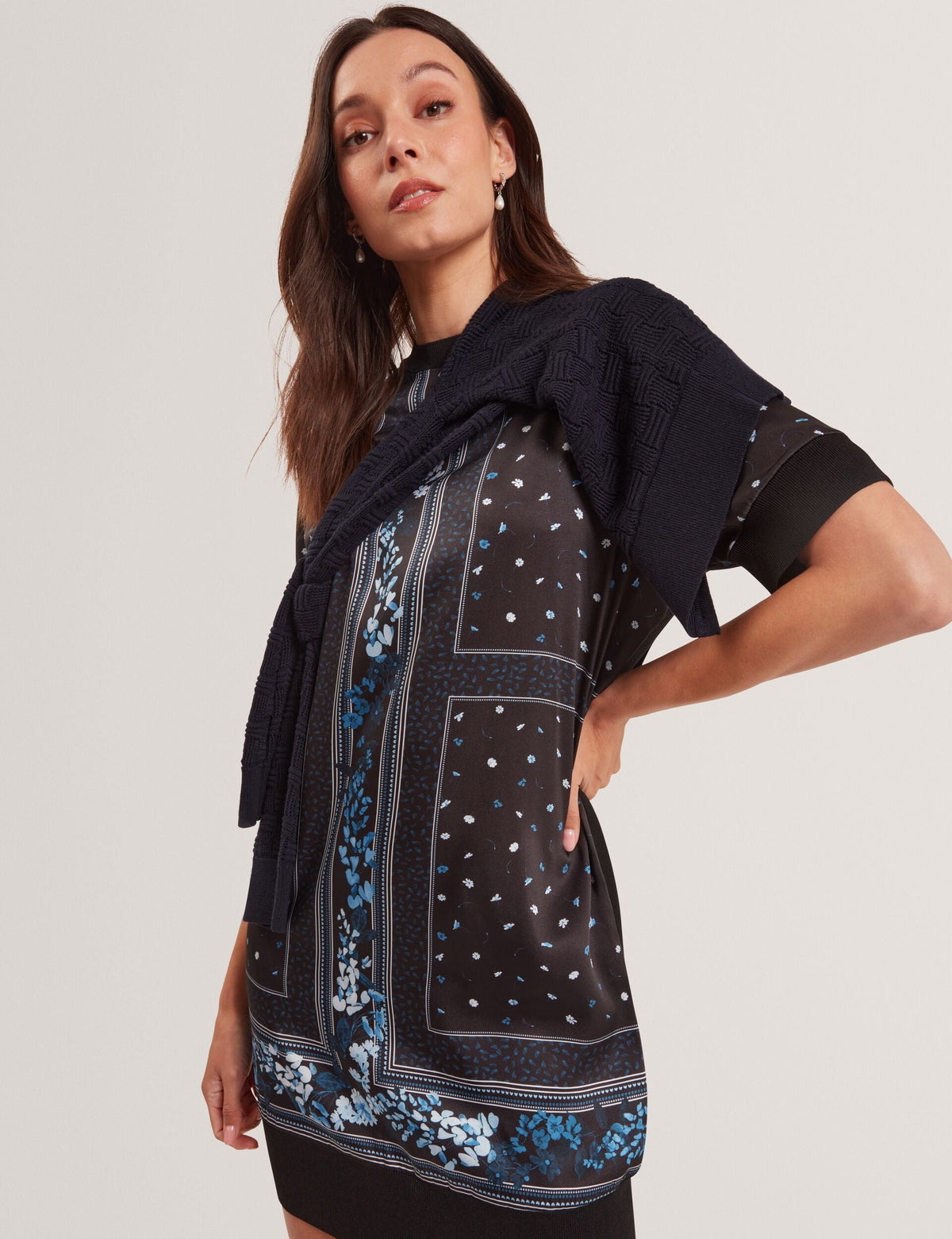 Ted Baker Azzala Blue Scarf Print Knitted Boxy Tshirt Dress Women's
