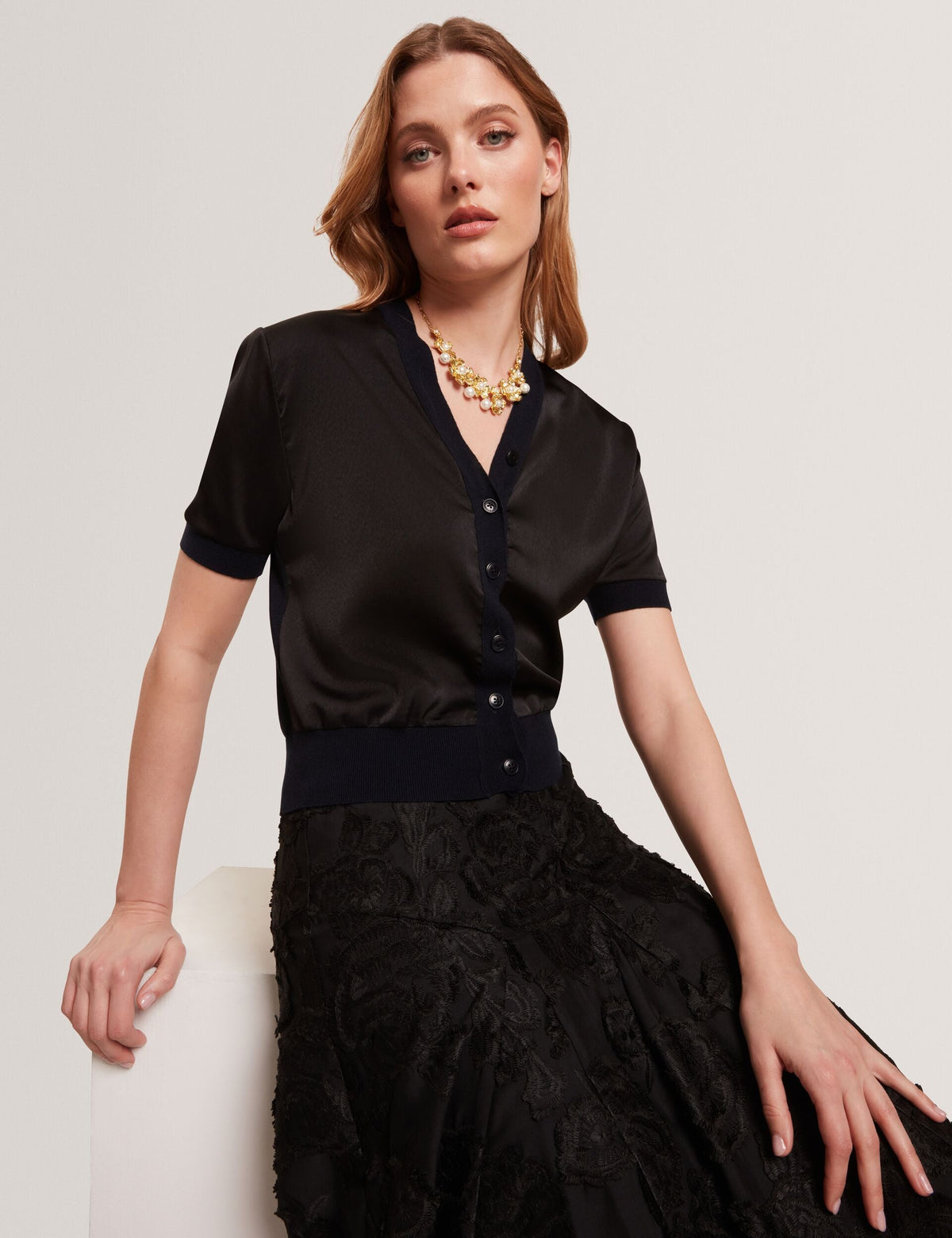 Ted Baker Ofina Woven Front Silk Blend Short Sleeve Cardigan Women's