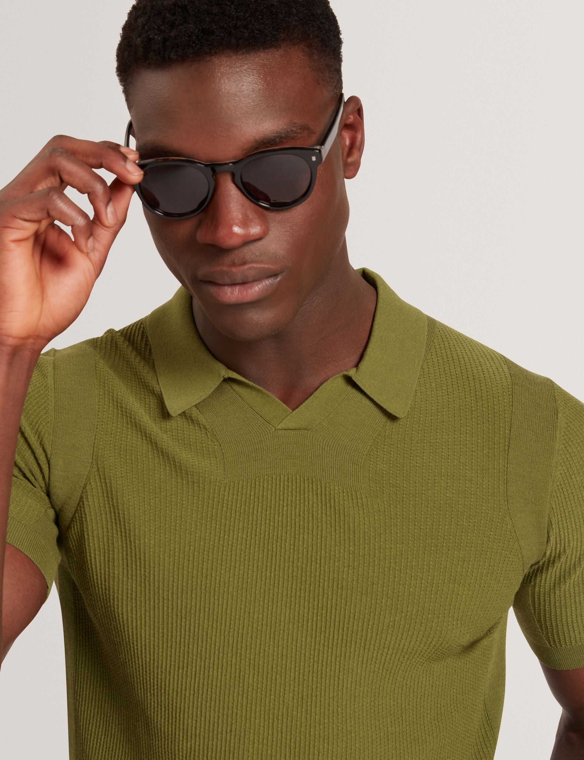 Ted Baker Aindrea Green Textured Rib Open Neck Knitted Polo Shirt