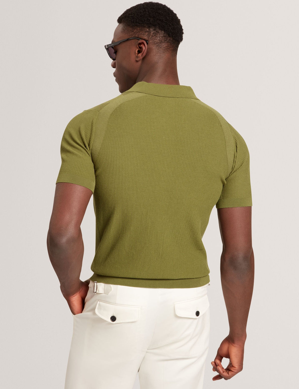 Ted Baker Aindrea Green Textured Rib Open Neck Knitted Polo Shirt