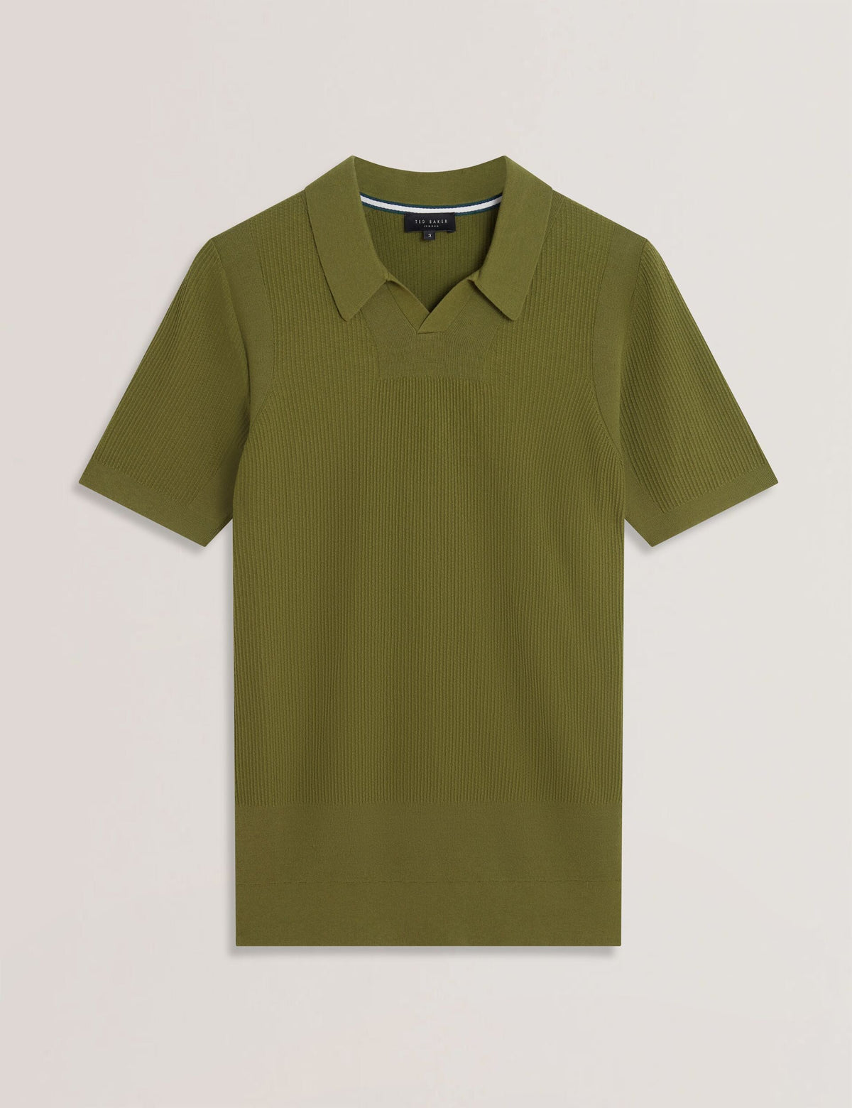 Ted Baker Aindrea Green Textured Rib Open Neck Knitted Polo Shirt