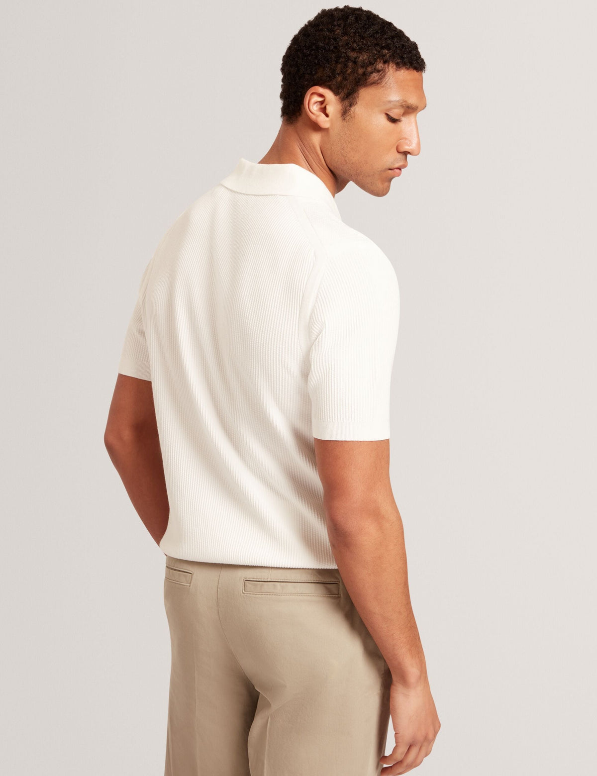 Ted Baker Aindrea White Textured Rib Open Neck Knitted Polo Shirt