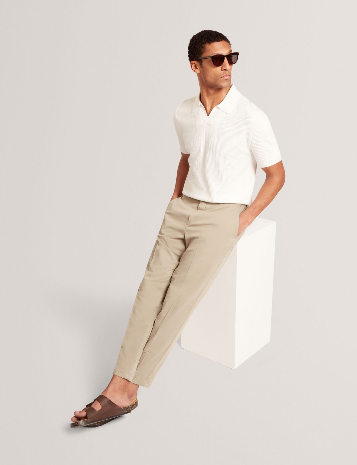 Ted Baker Aindrea White Textured Rib Open Neck Knitted Polo Shirt