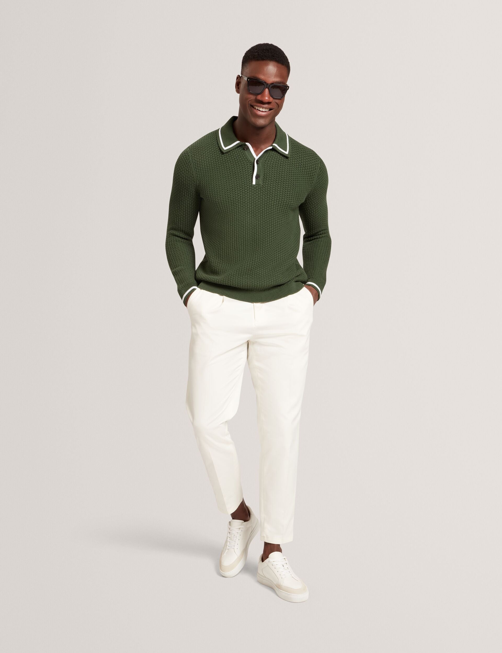 Ted Baker Brucei Textured Knit Stripe Trim Long Sleeve Polo
