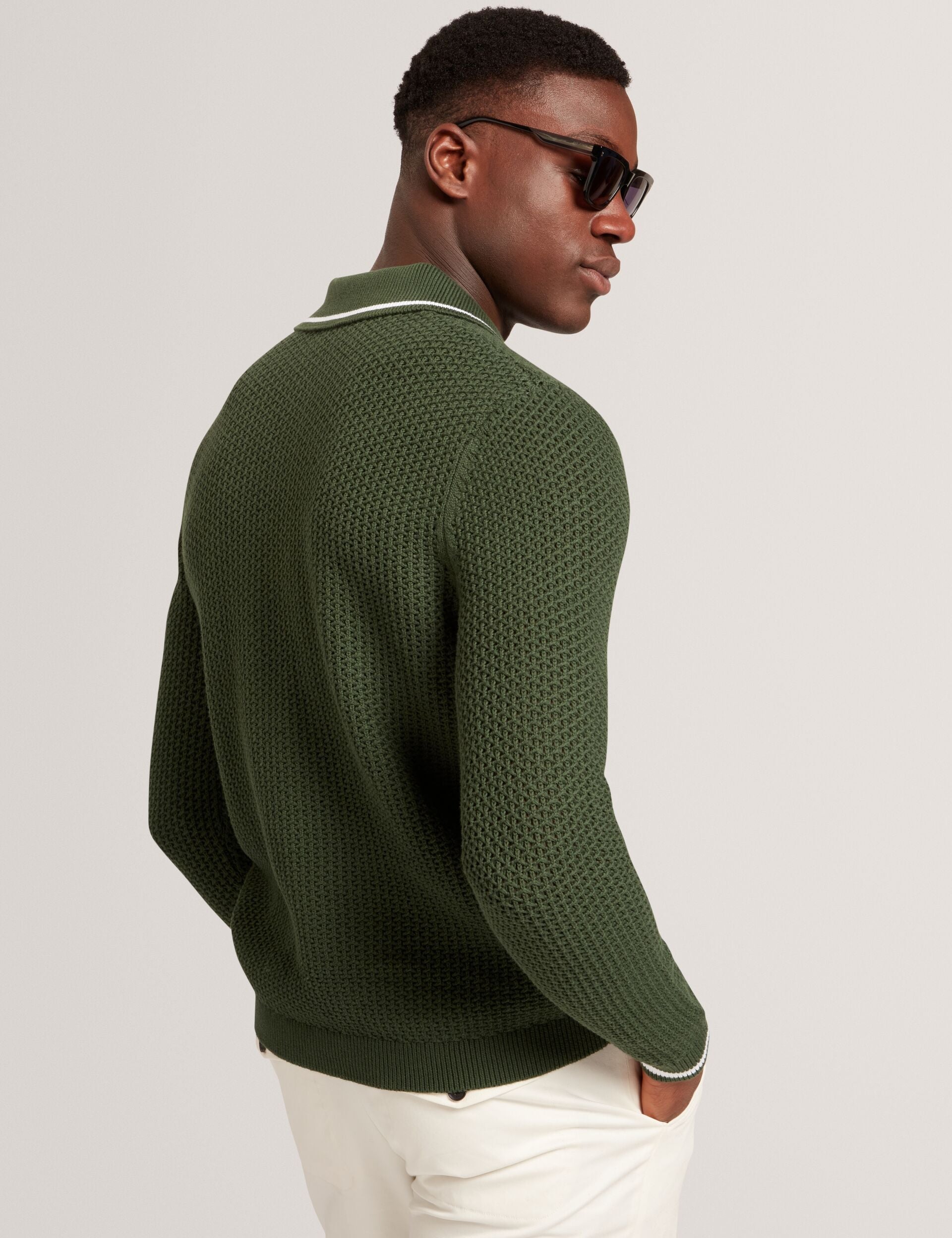 Ted Baker Brucei Textured Knit Stripe Trim Long Sleeve Polo