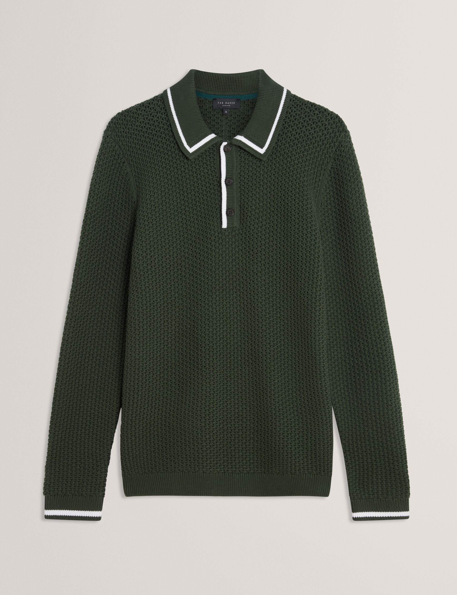 Ted Baker Brucei Textured Knit Stripe Trim Long Sleeve Polo