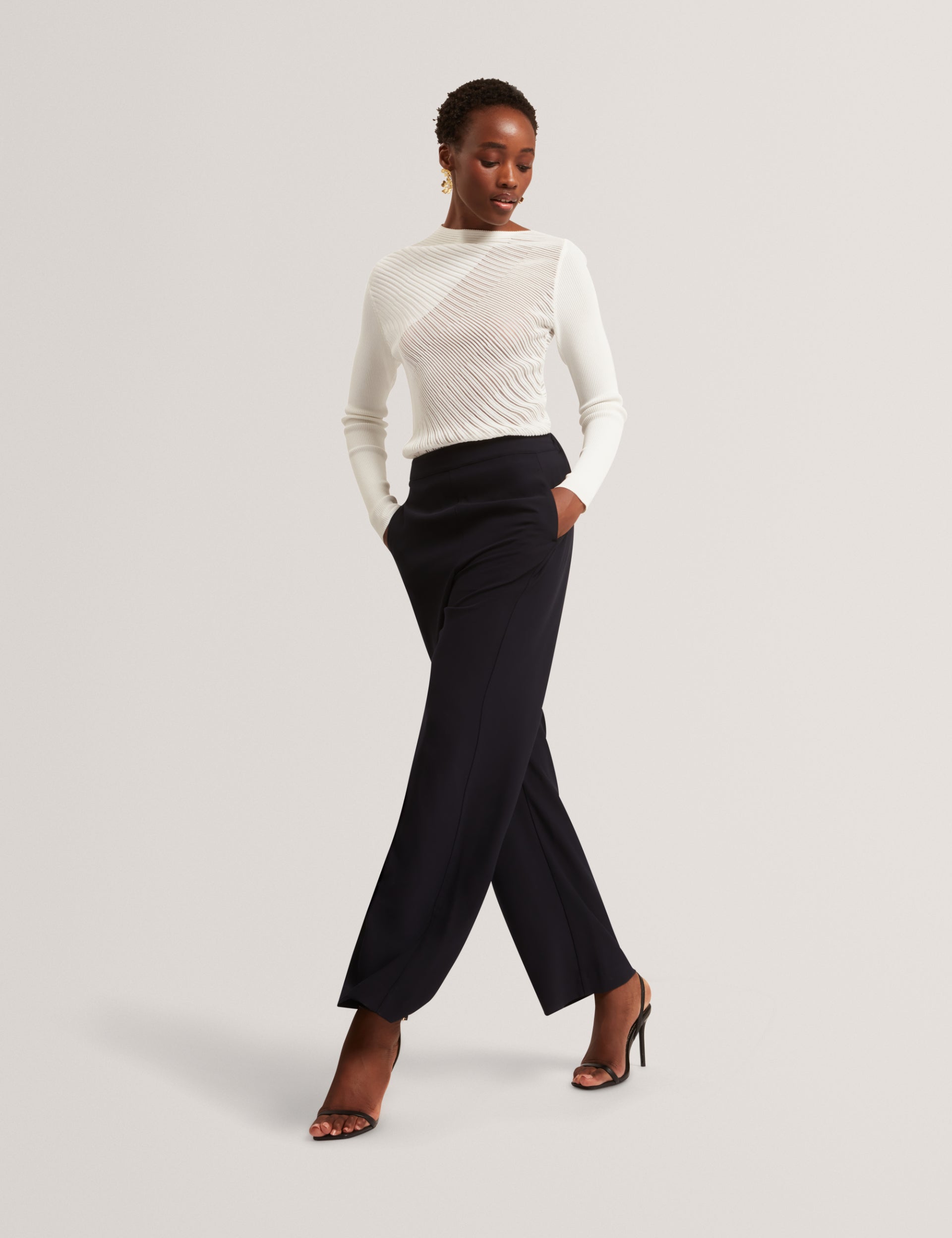 Ted Baker Melanaa Navy High Waist Pullon Wide Leg Trousers Women's