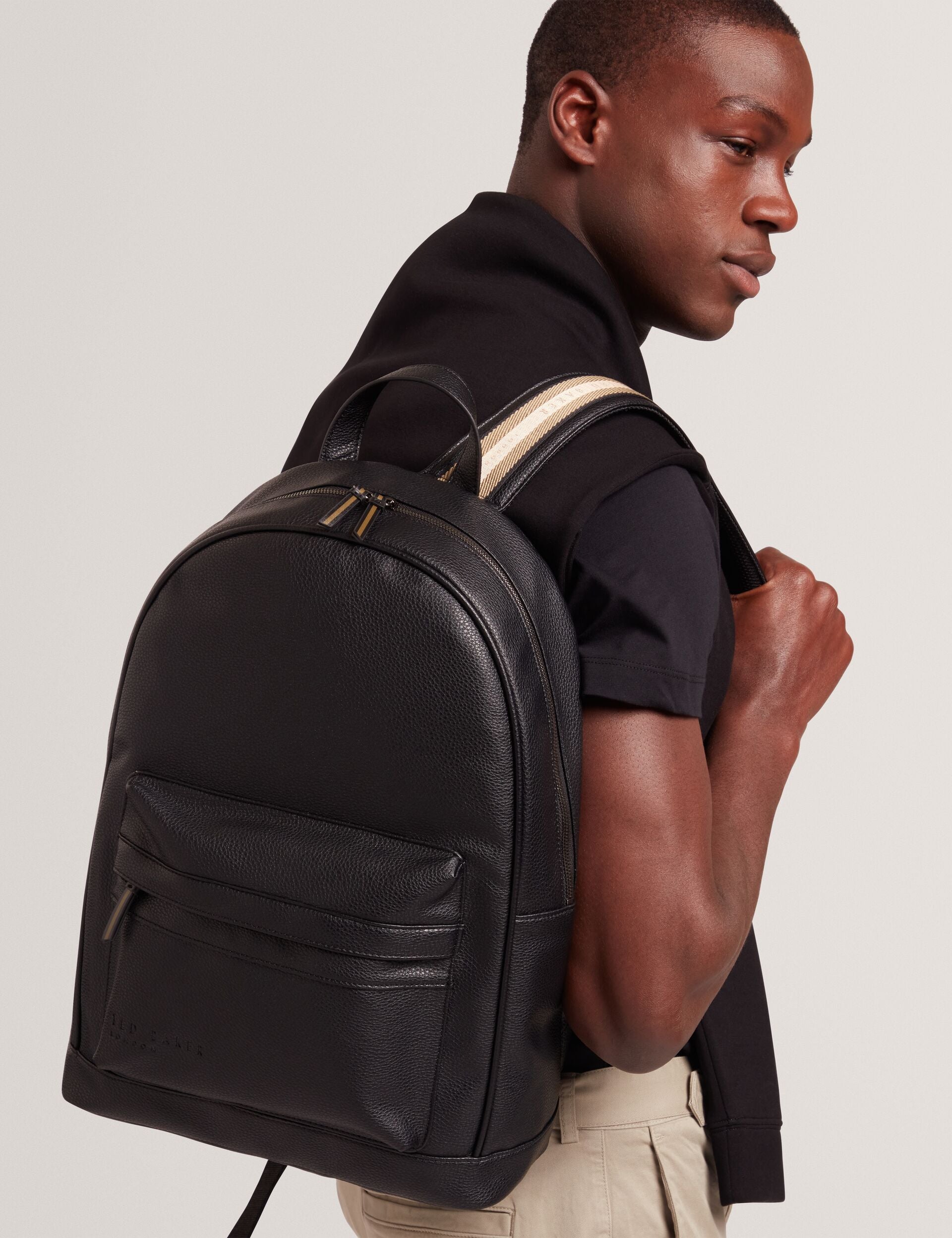 Ted Baker Kaileb Black Faux Leather Backpack With Webbing Straps