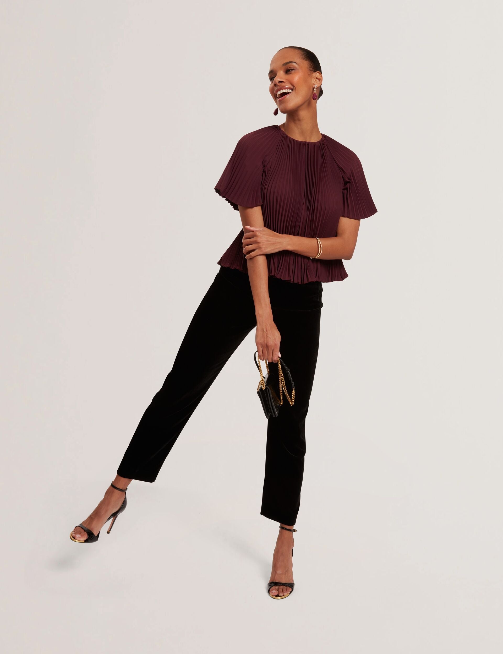 Ted Baker Agara Pleated Flowy Short Sleeve Blouse In Oxblood Women's
