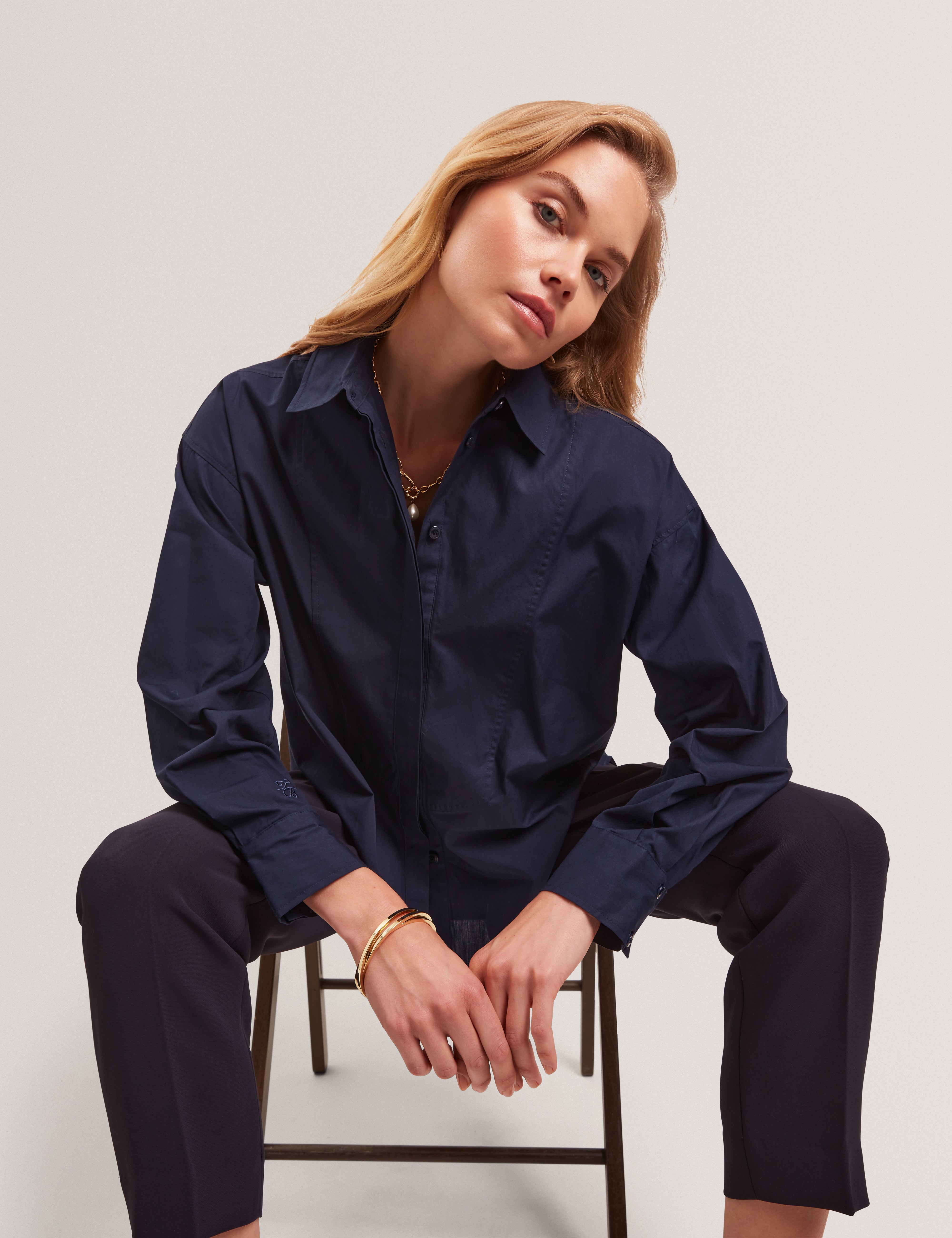 Ted Baker Izote Navy Oversized Bib Detail Cotton Shirt Women's