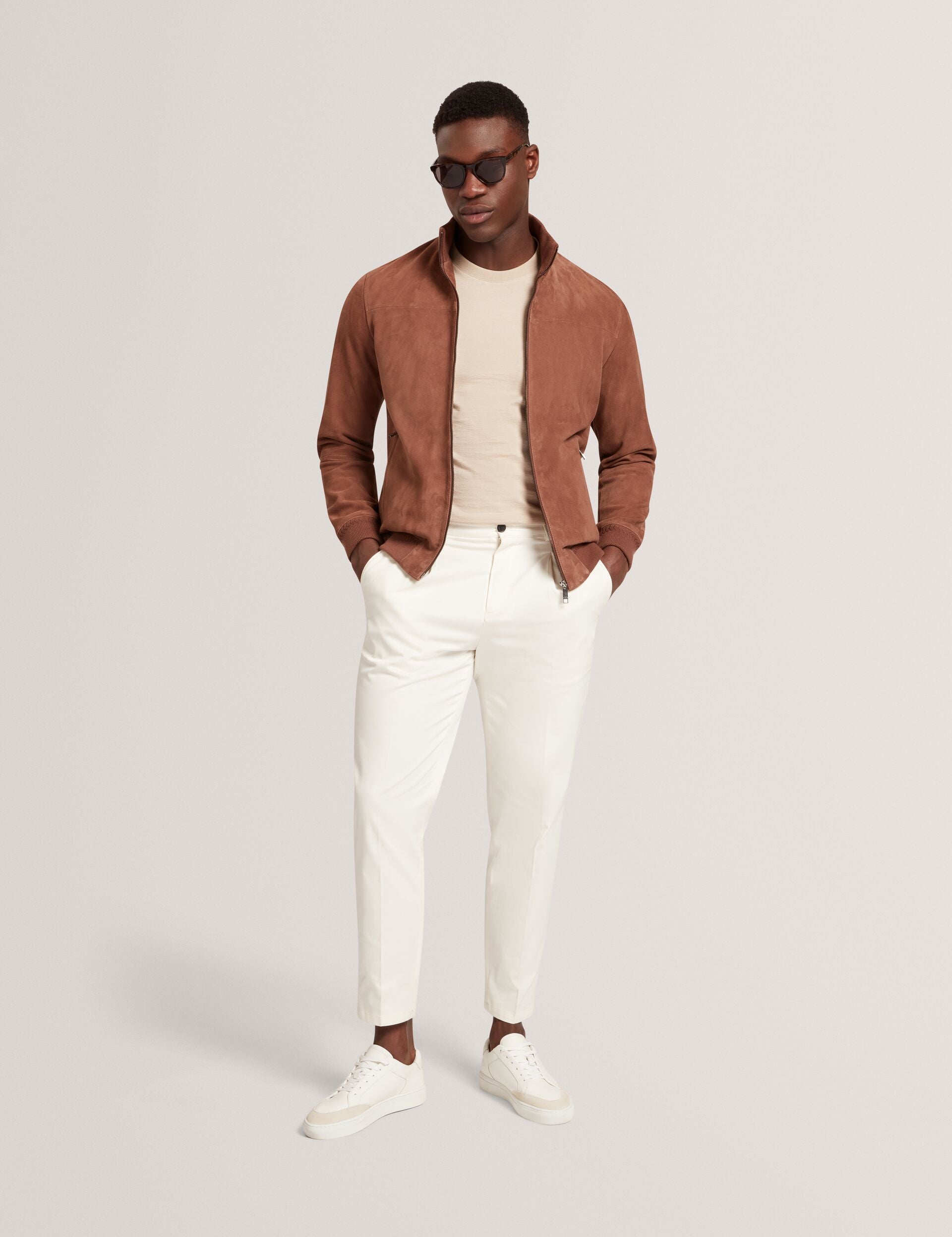 Ted Baker Peveril Brown Suede Funnel Neck Bomber Jacket