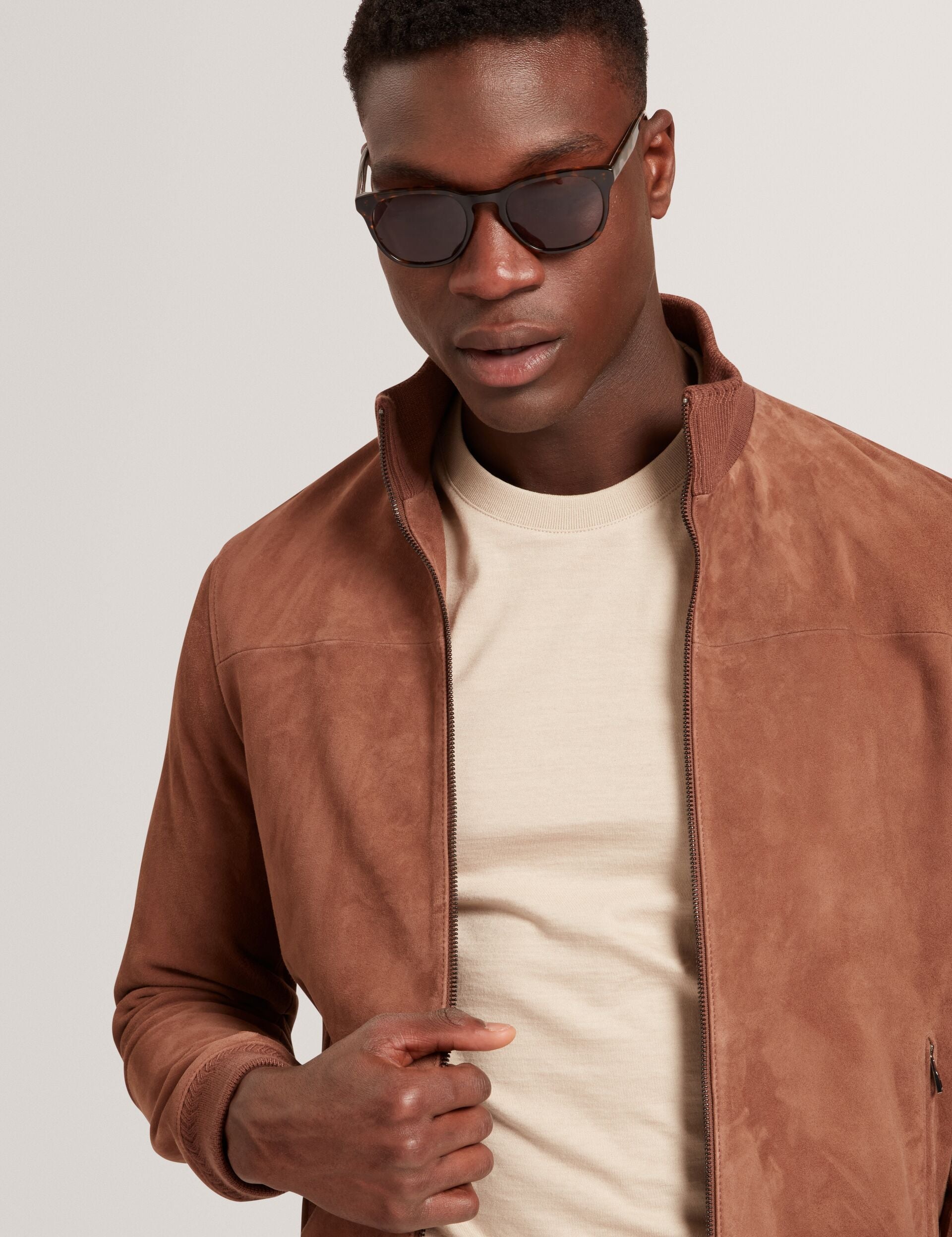 Ted Baker Peveril Brown Suede Funnel Neck Bomber Jacket