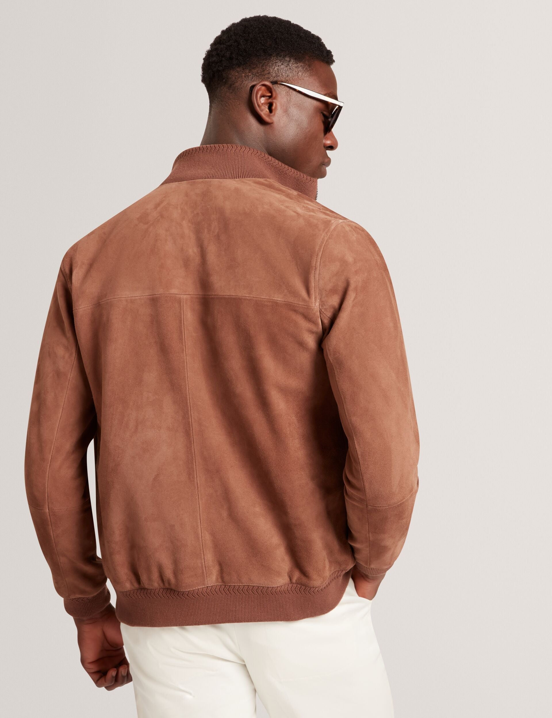 Ted Baker Peveril Brown Suede Funnel Neck Bomber Jacket