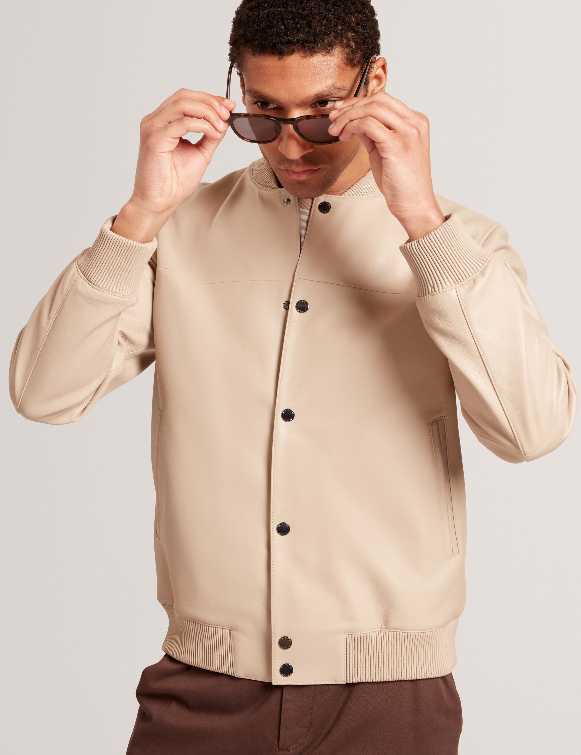 Ted Baker Leeams Taupe Leather Classic Bomber Jacket