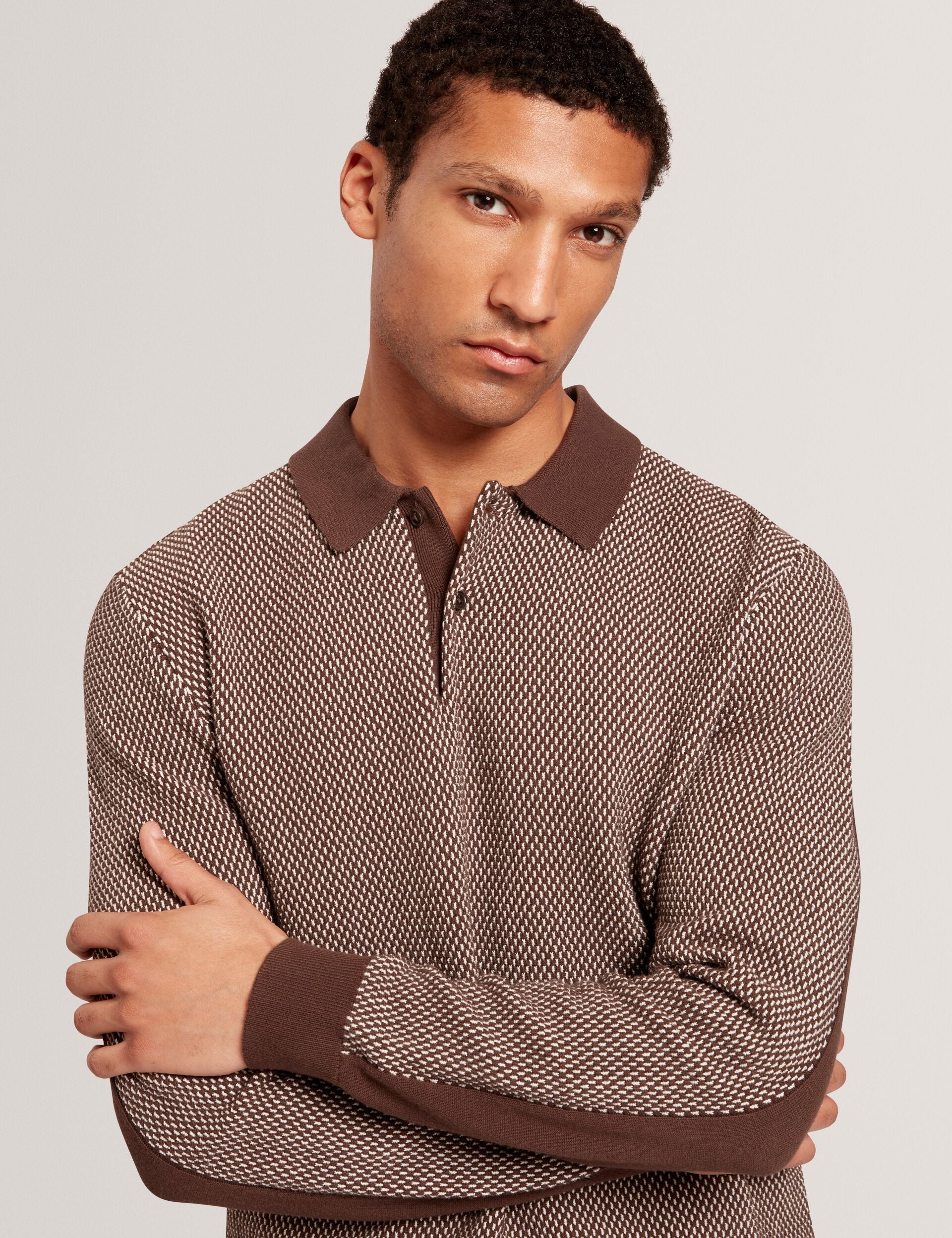 Ted Baker Ardo Textured Front Knitted Long Sleeve Polo Shirt