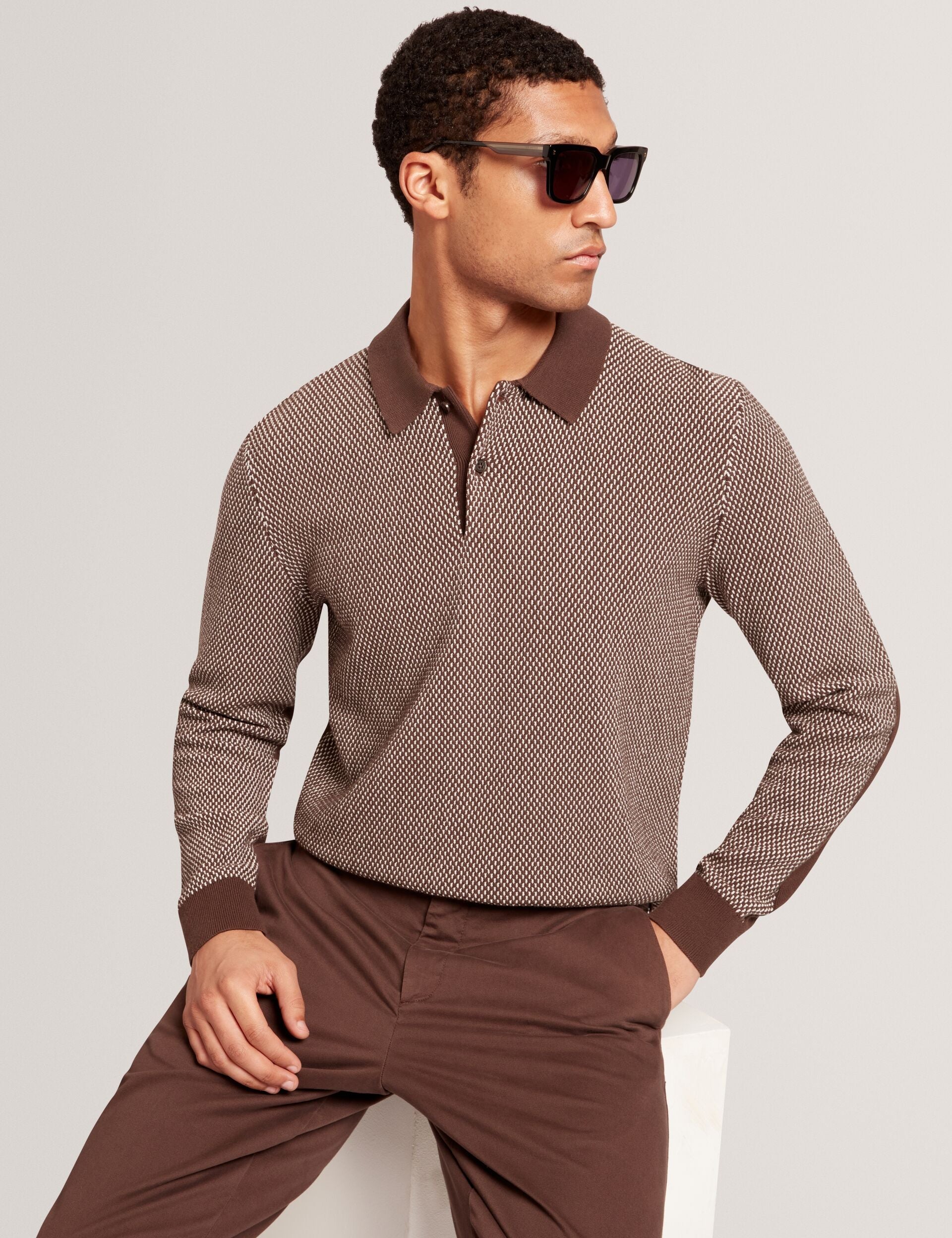 Ted Baker Ardo Textured Front Knitted Long Sleeve Polo Shirt
