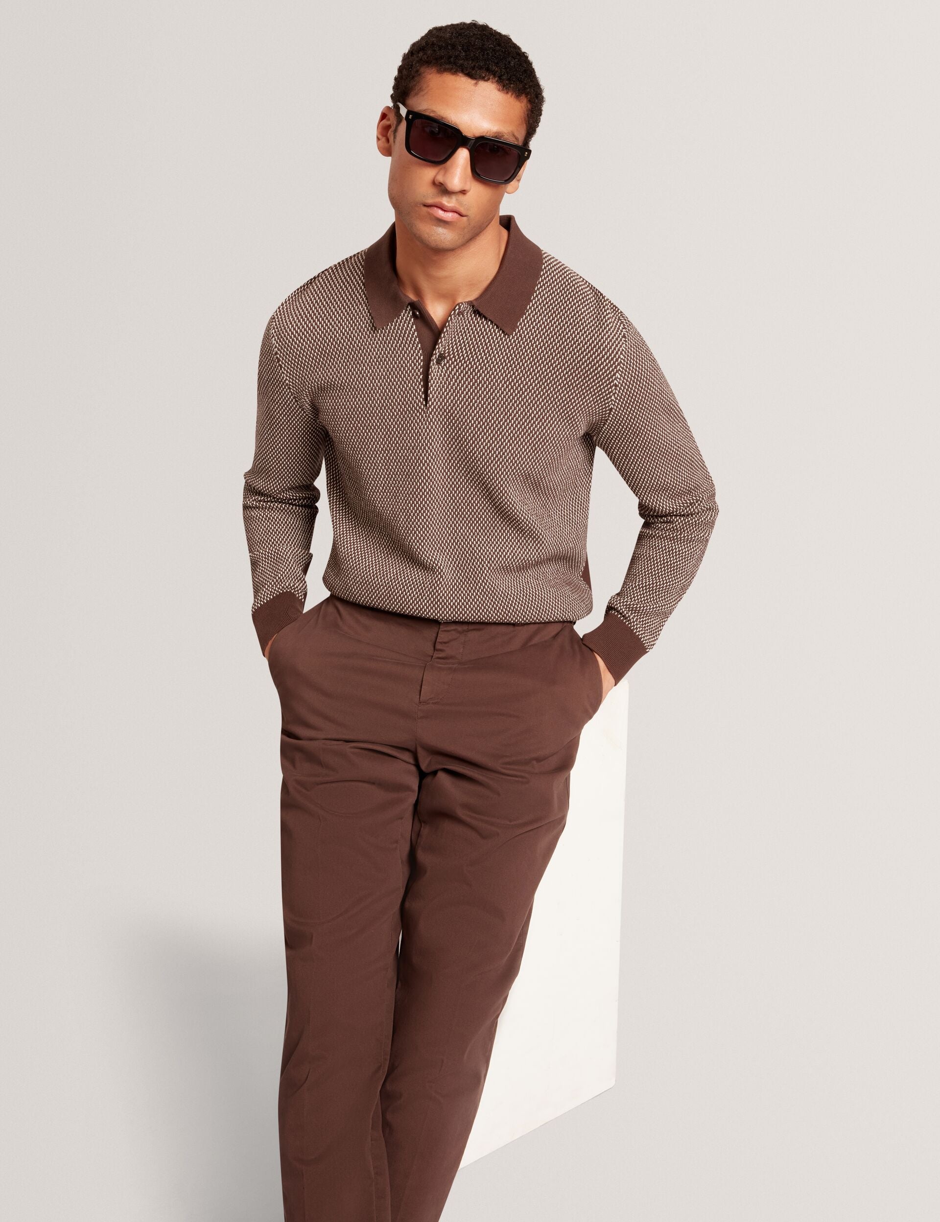 Ted Baker Ardo Textured Front Knitted Long Sleeve Polo Shirt