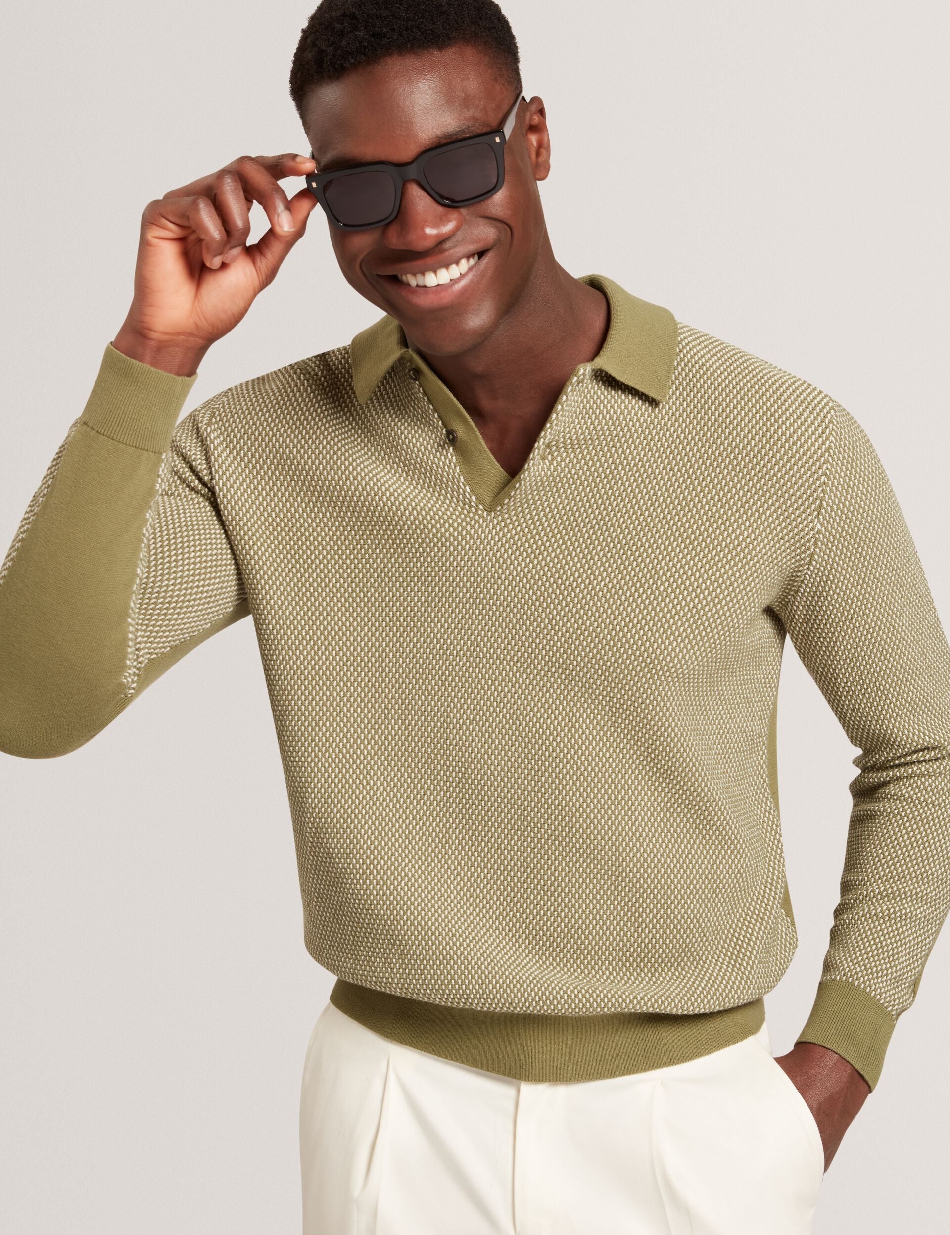Ted Baker Ardo Textured Front Knitted Long Sleeve Polo Shirt