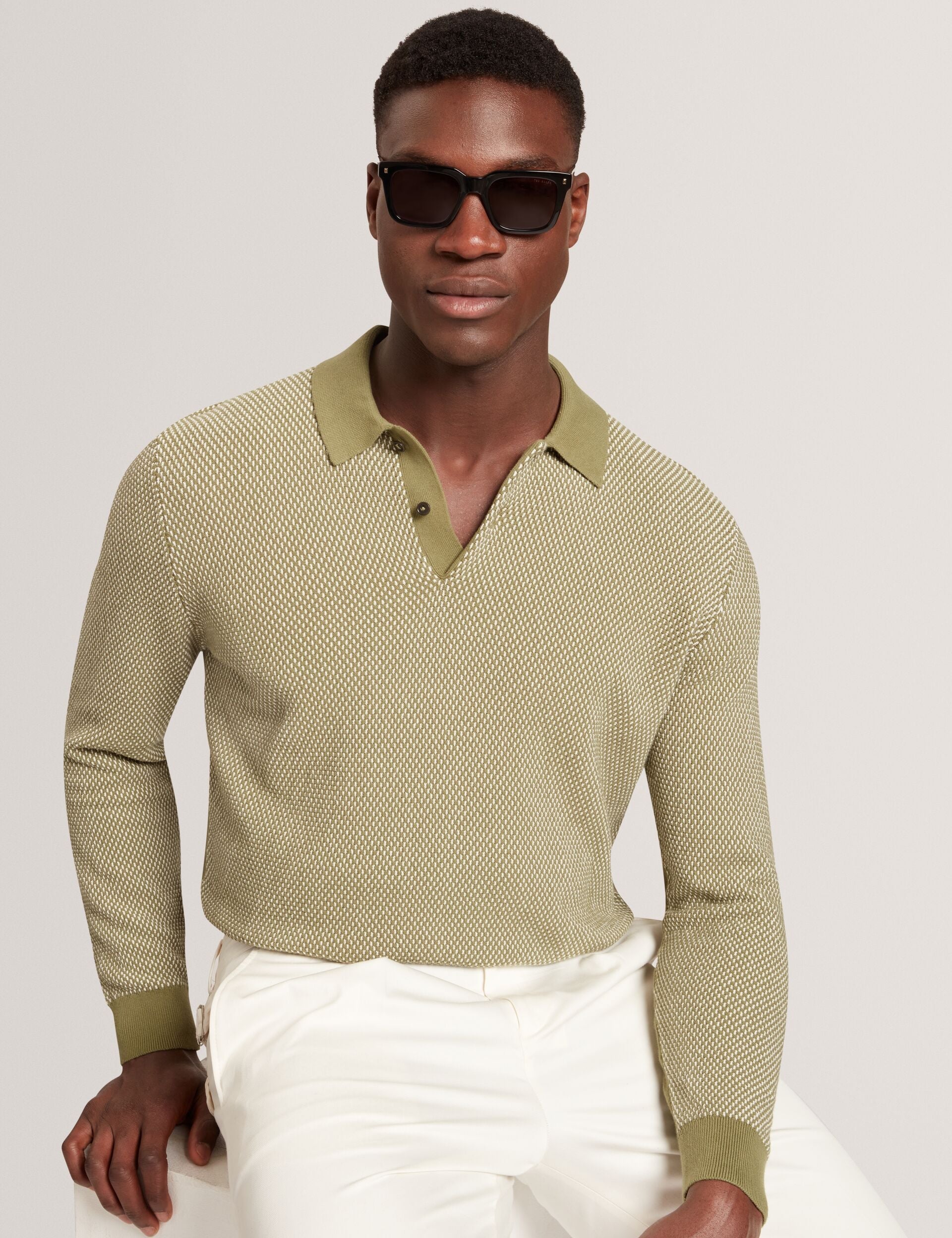 Ted Baker Ardo Textured Front Knitted Long Sleeve Polo Shirt