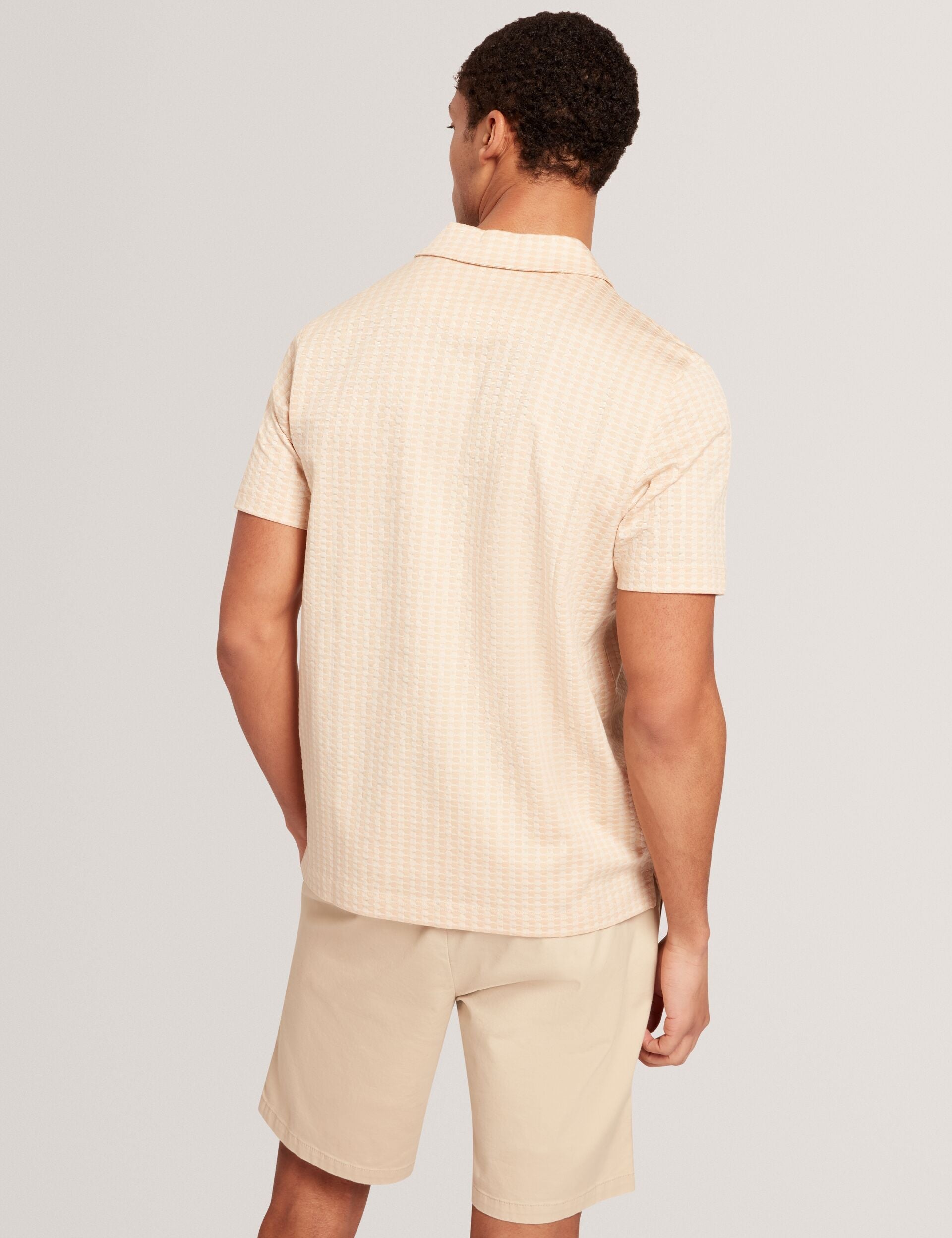 Ted Baker Matejo Taupe Mini Check Open Neck Cotton Polo Shirt